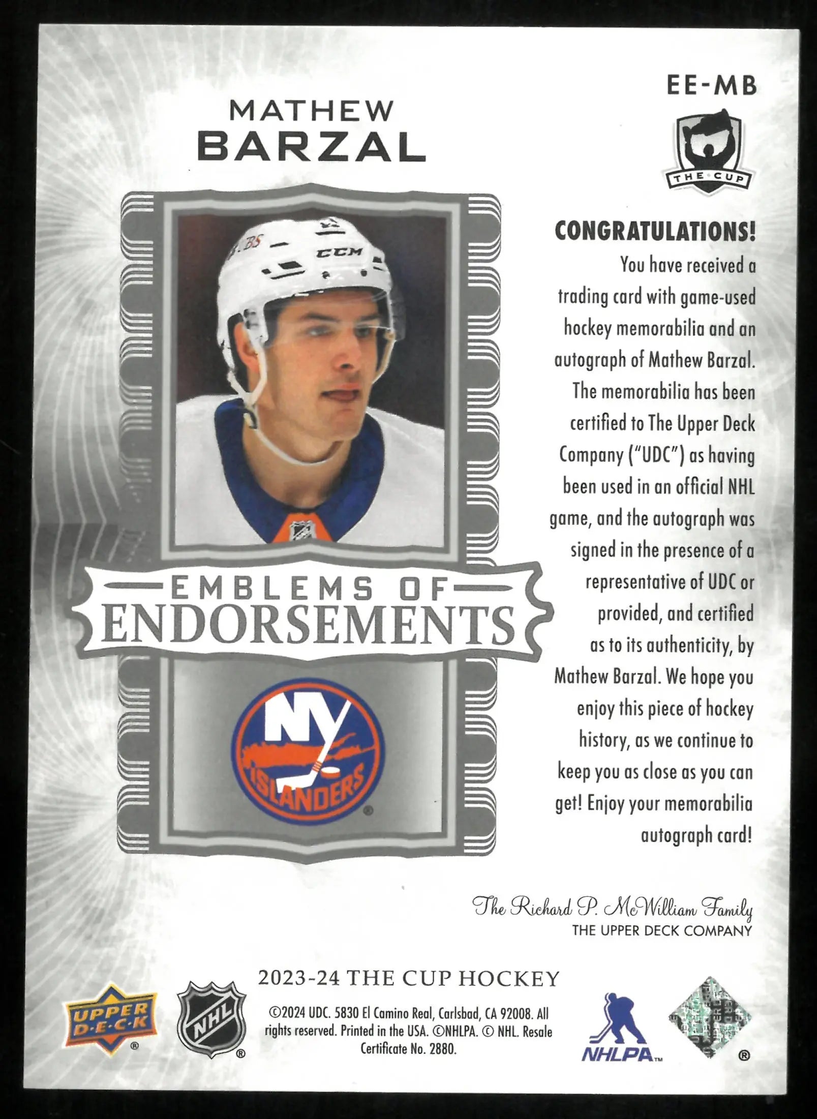 2023-24 The Cup Hockey Emblems Of Endorsements Patch Auto Mathew Barzal /15 