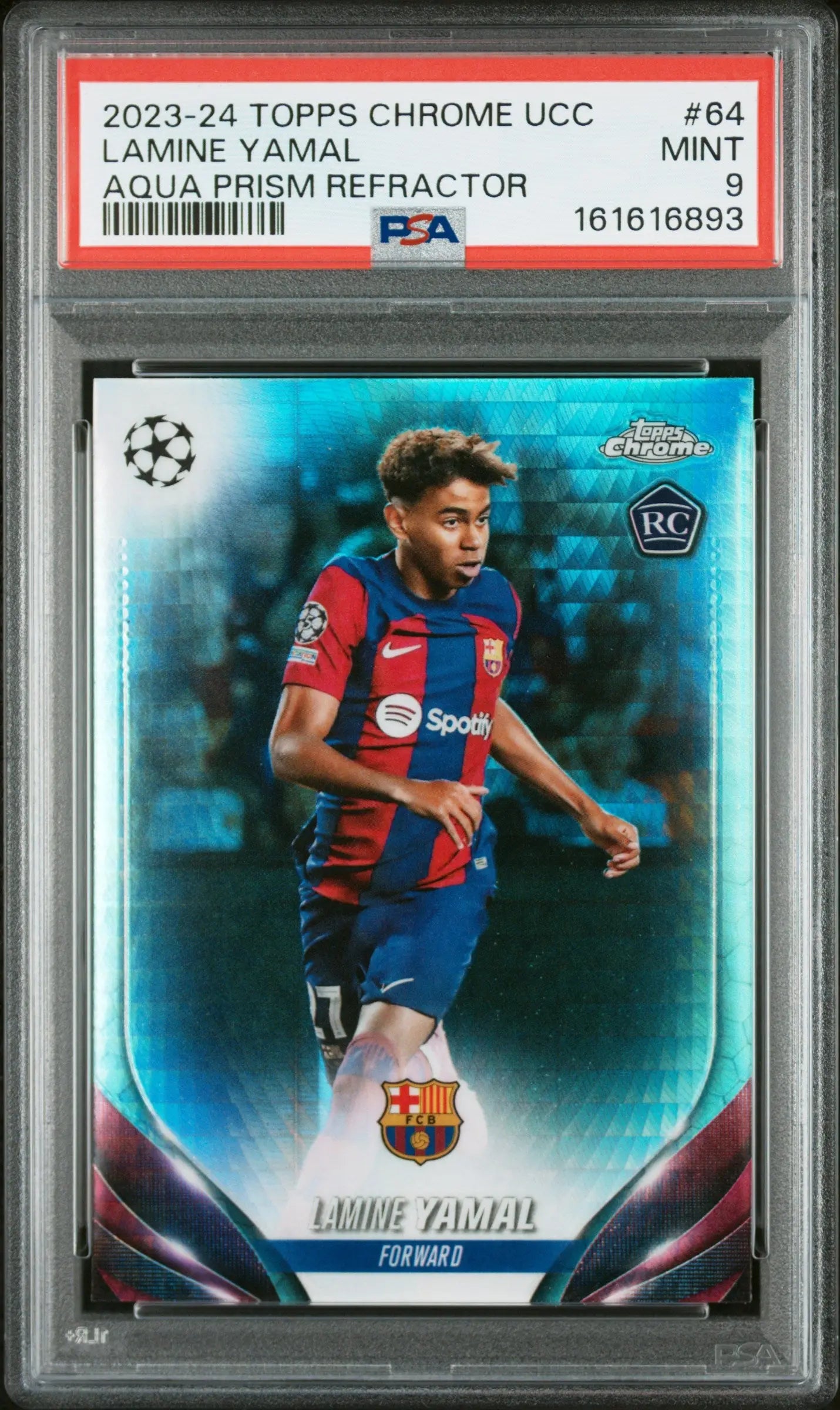 2023-24 Topps Chrome UCC Rookie Lamine Yamal Aqua Prism RC PSA 9 