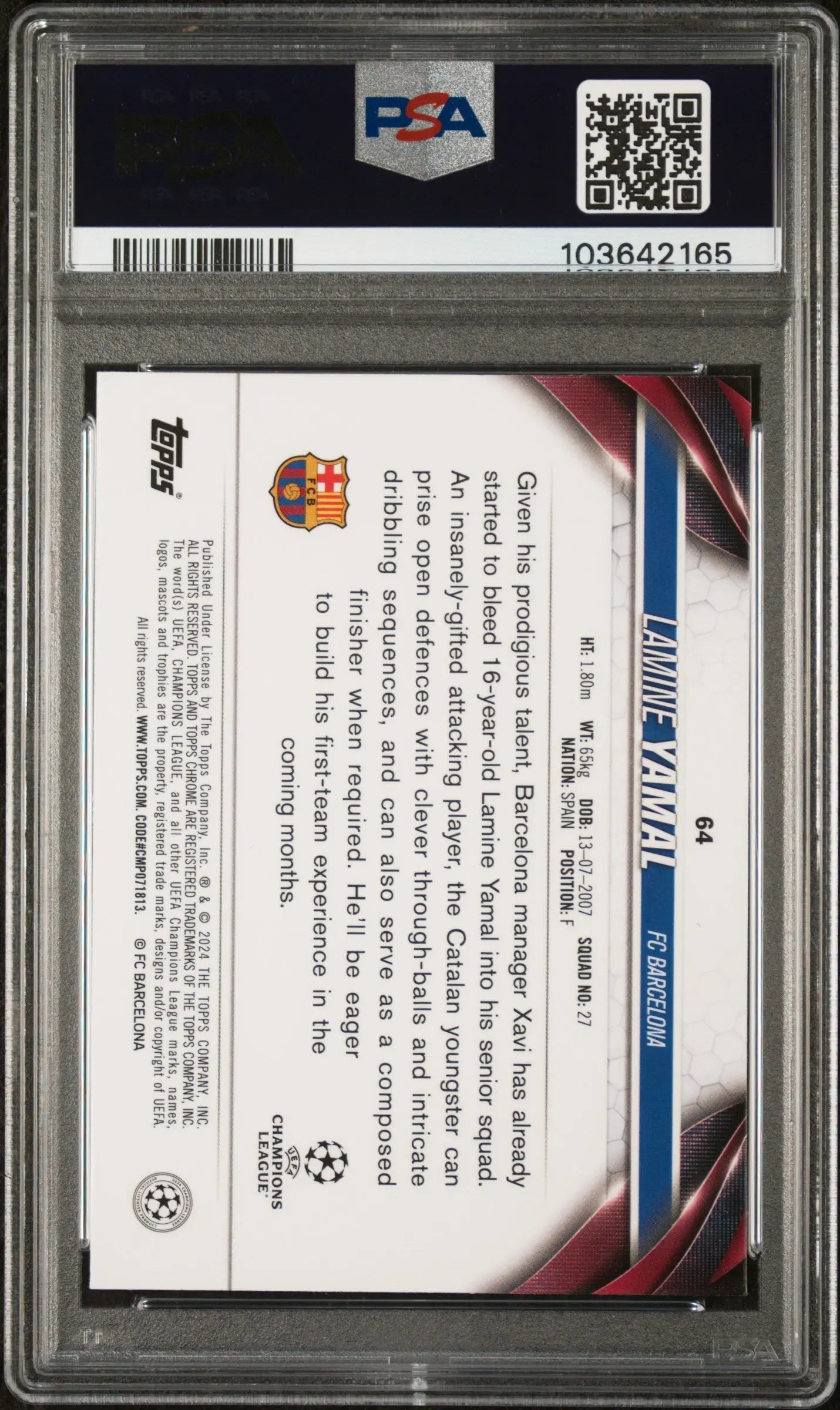 2023-24 Topps Chrome UEFA CC Rookie Lamine Yamal  Aqua Prism Refractor RC PSA 10 
