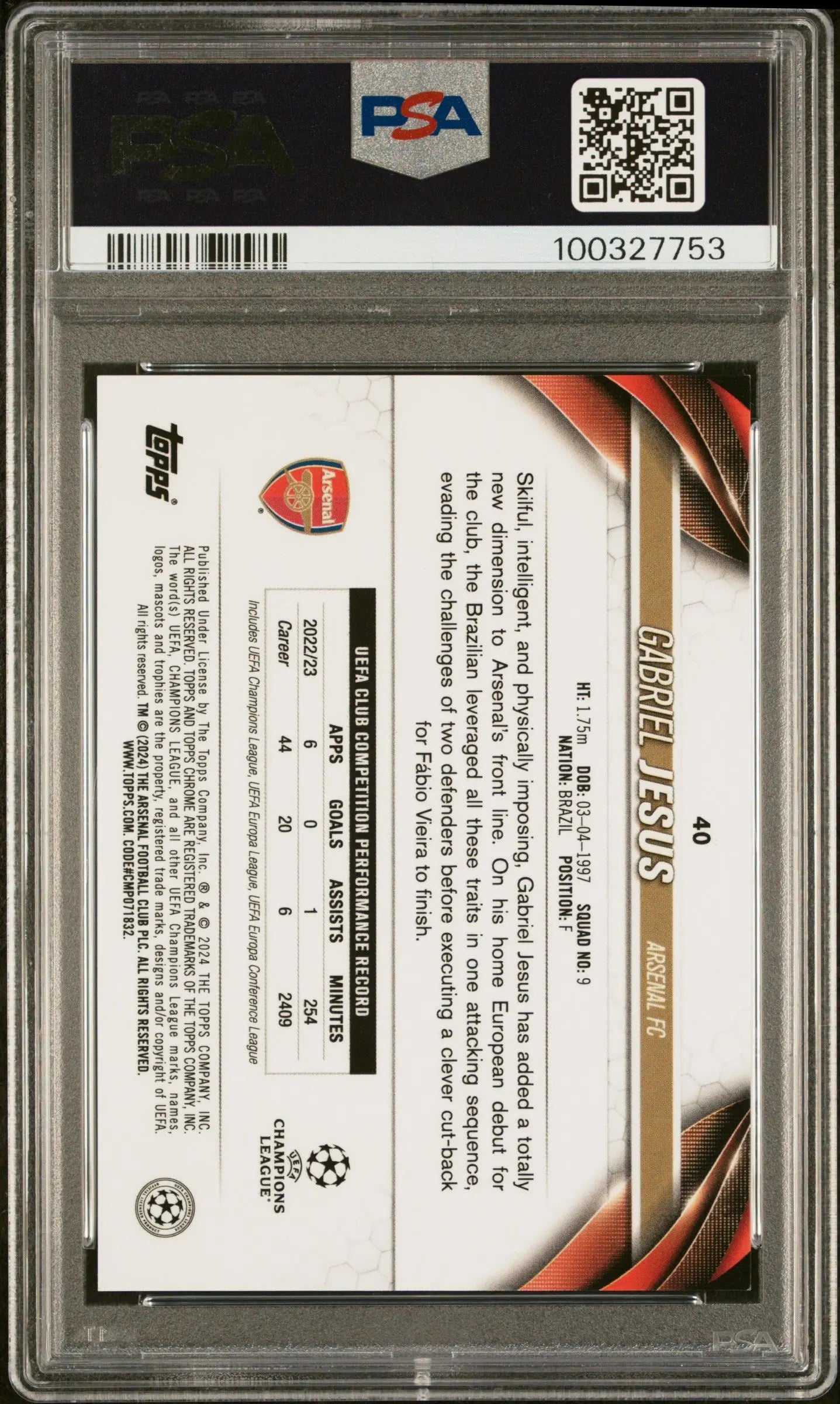 2023-24 Topps Chrome UEFA Club Competitions Gabriel Jesus /XI PSA 9 