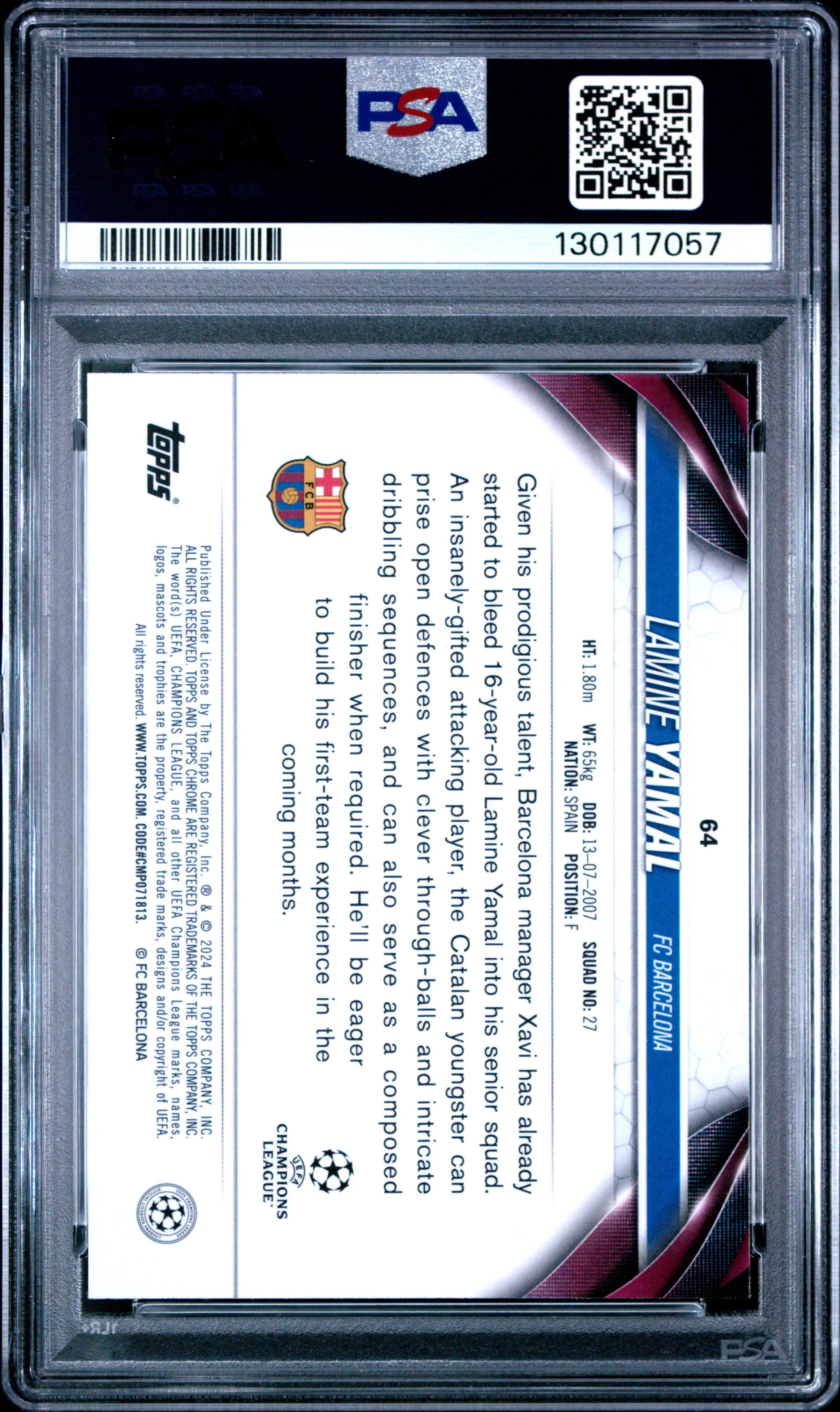 2023-24 Topps Chrome UEFA Club Competitions Rookie Lamine Yamal RC PSA 10 
