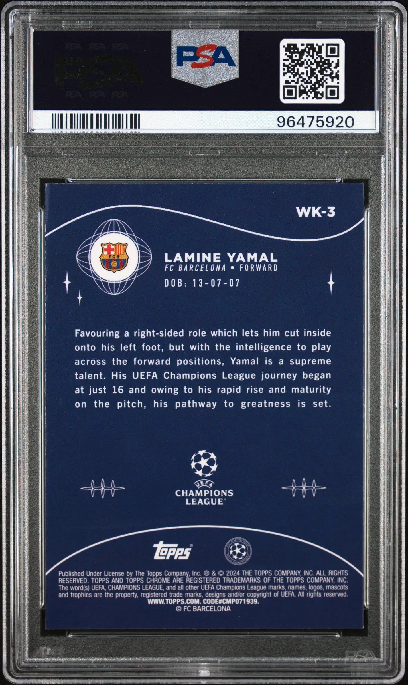 2023-24 Topps Chrome UEFA Club Competitions Wonderkids Lamine Yamal RC PSA 10 