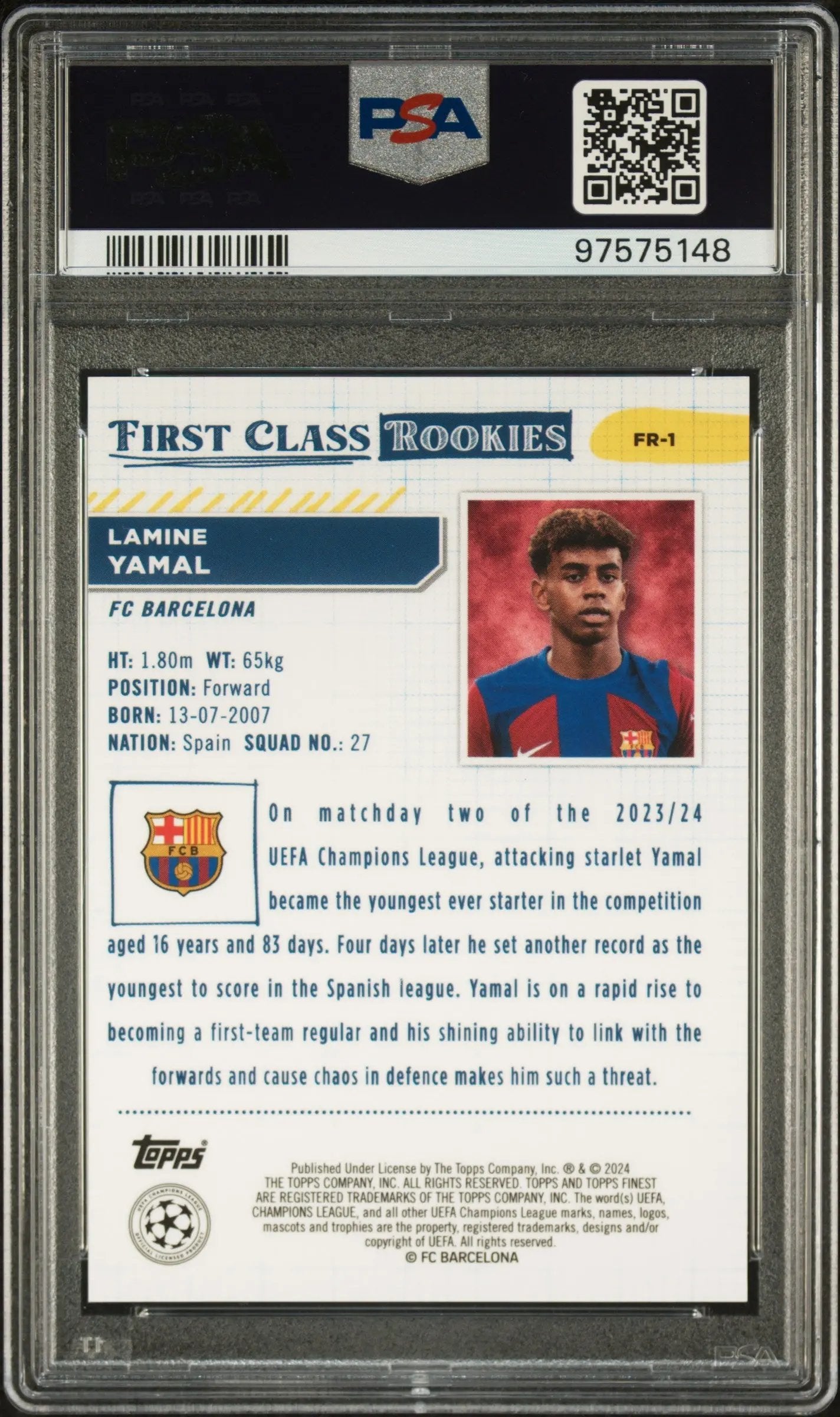 2023-24 Topps Finest UCC First Class Rookies Lamine Yamal RC Orange /25 PSA 10 