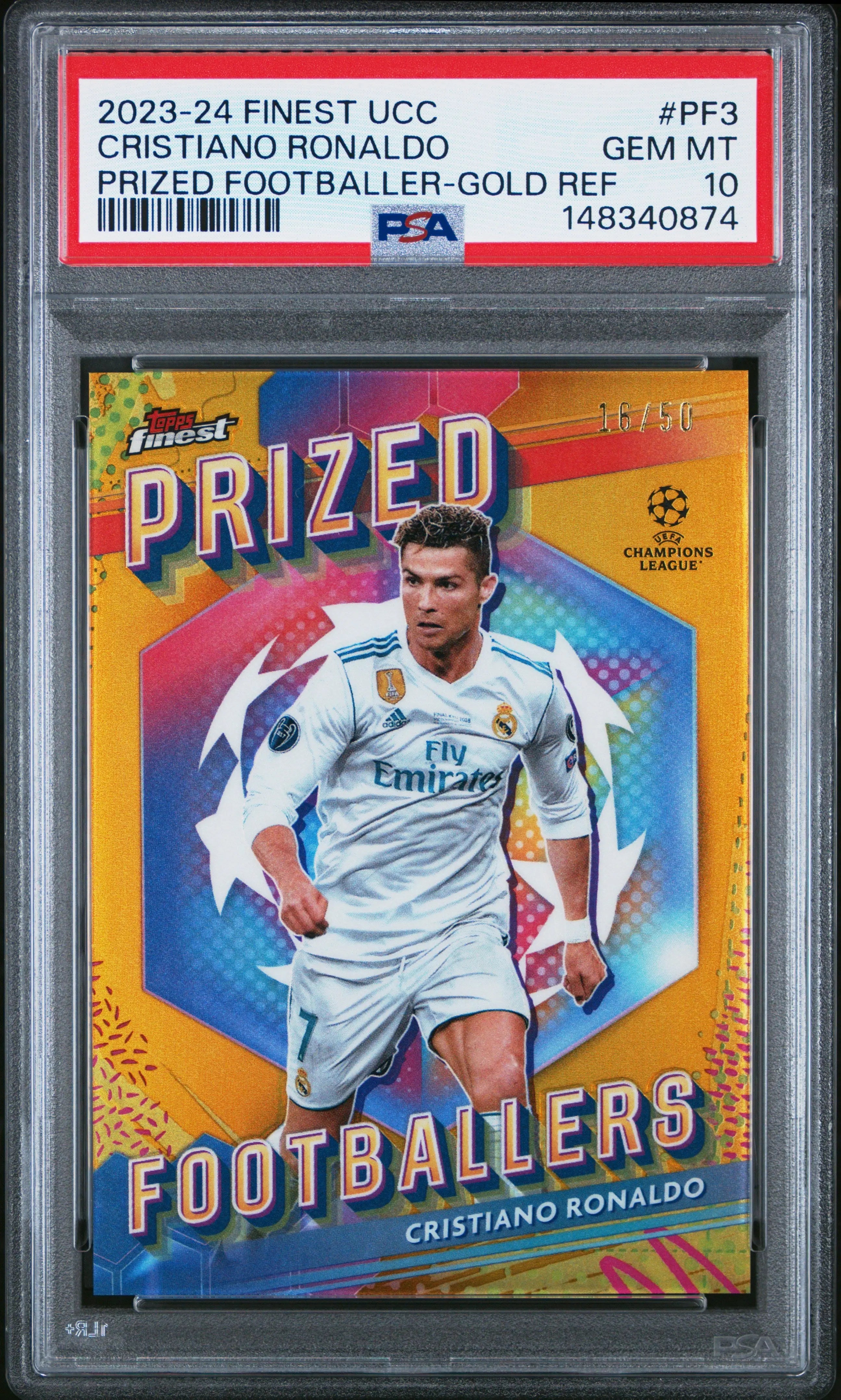 2023-24 Topps Finest UCC Prized Footballers Cristiano Ronaldo Gold /50 PSA 10 