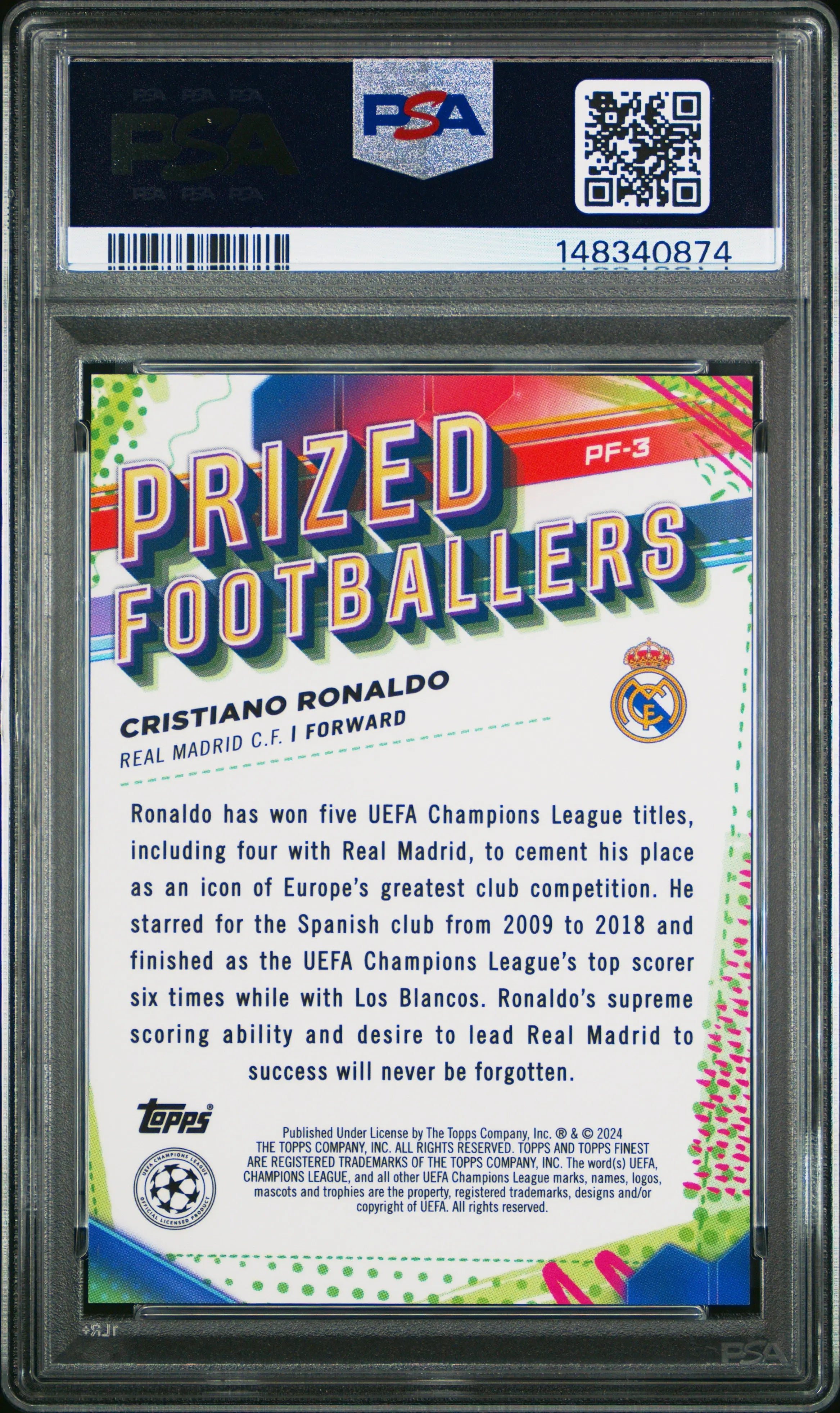 2023-24 Topps Finest UCC Prized Footballers Cristiano Ronaldo Gold /50 PSA 10 