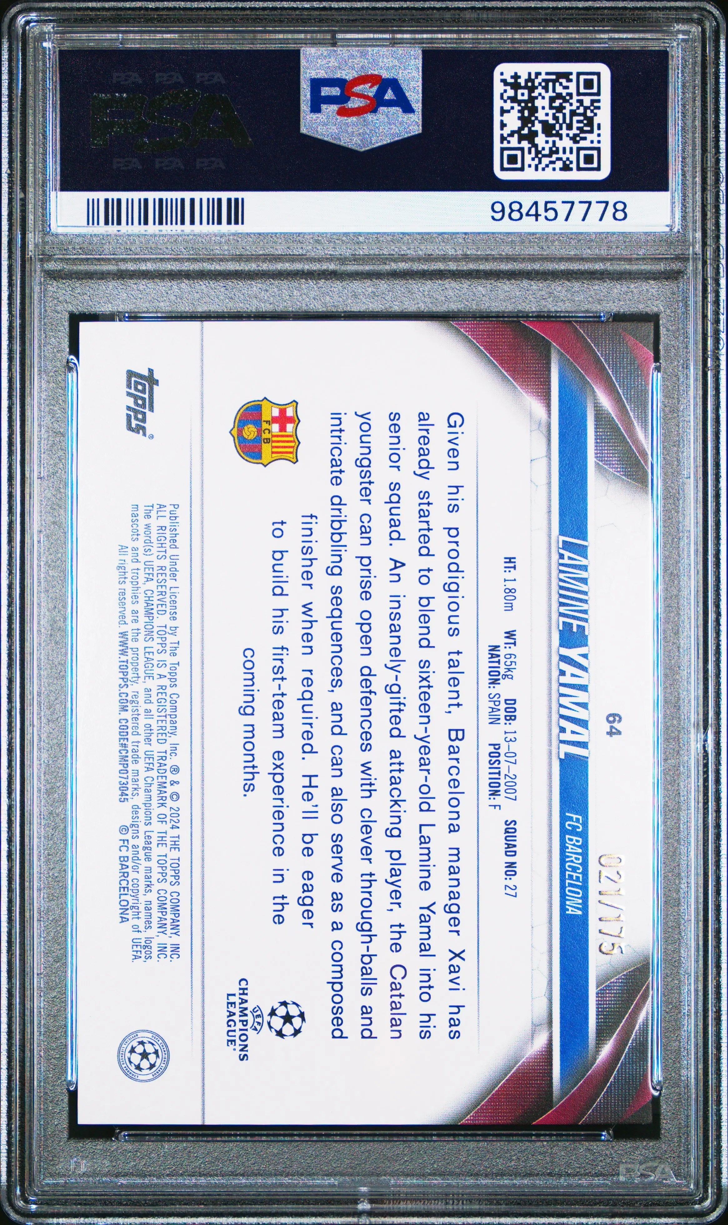 2023-24 Topps Jade Edition UCC Lamine Yamal RC Rookie Blue PSA 9 /175 