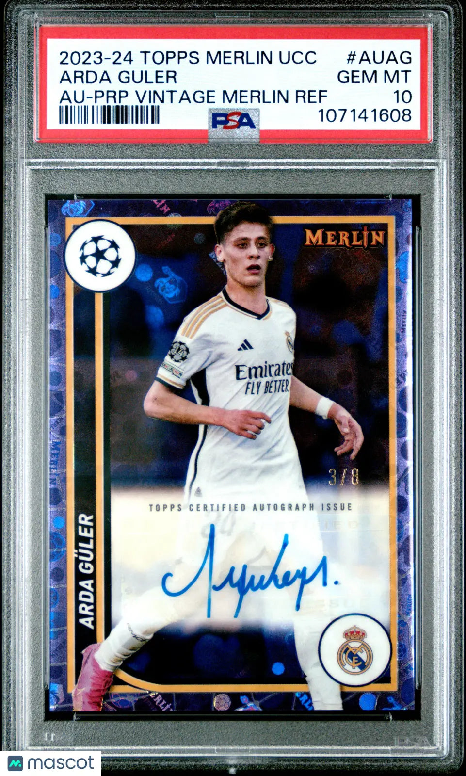 2023-24 Topps Merlin UCC Auto Arda Guler Purple Vintage Refractor /8 PSA 10 