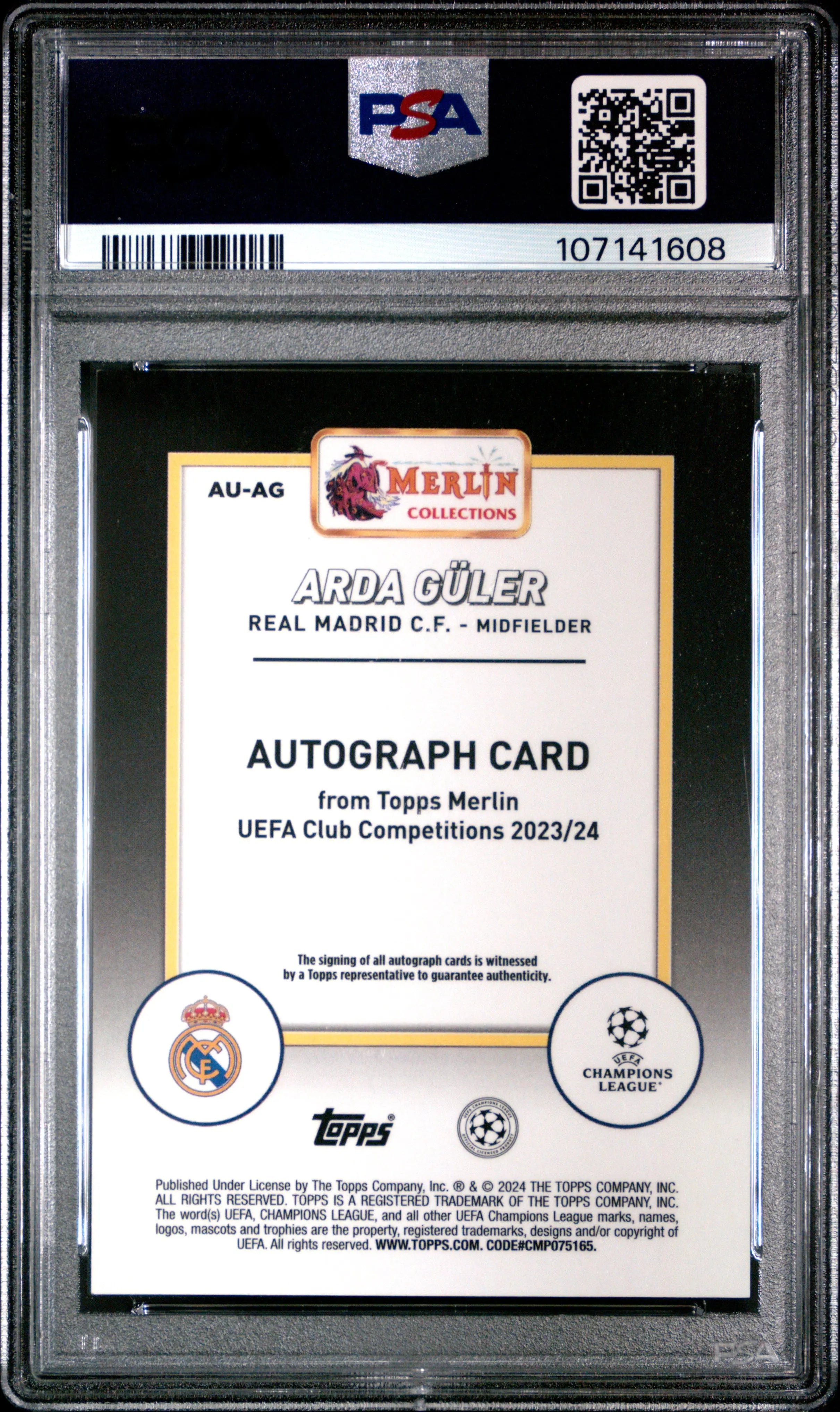 2023-24 Topps Merlin UCC Auto Arda Guler Purple Vintage Refractor /8 PSA 10 