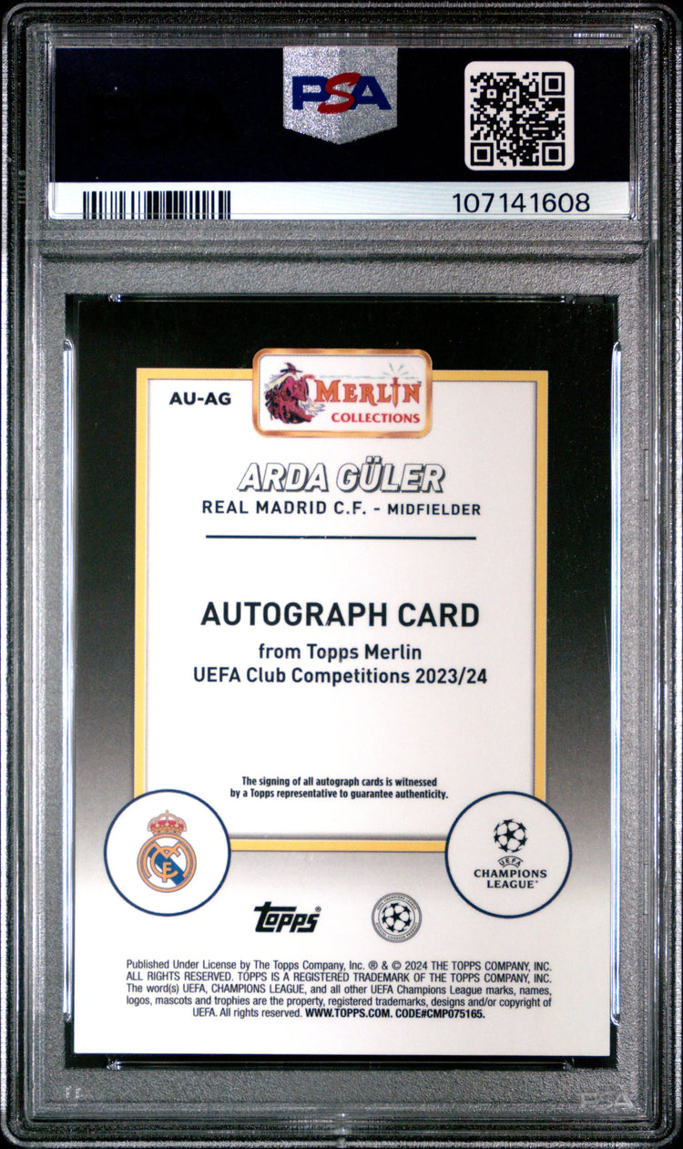 2023-24 Topps Merlin UCC Auto Arda Guler Purple Vintage Refractor /8 PSA 10 