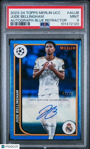 2023-24 Topps Merlin UCC Auto Autograph Jude Bellingham Blue Refractor /75 PSA 9 