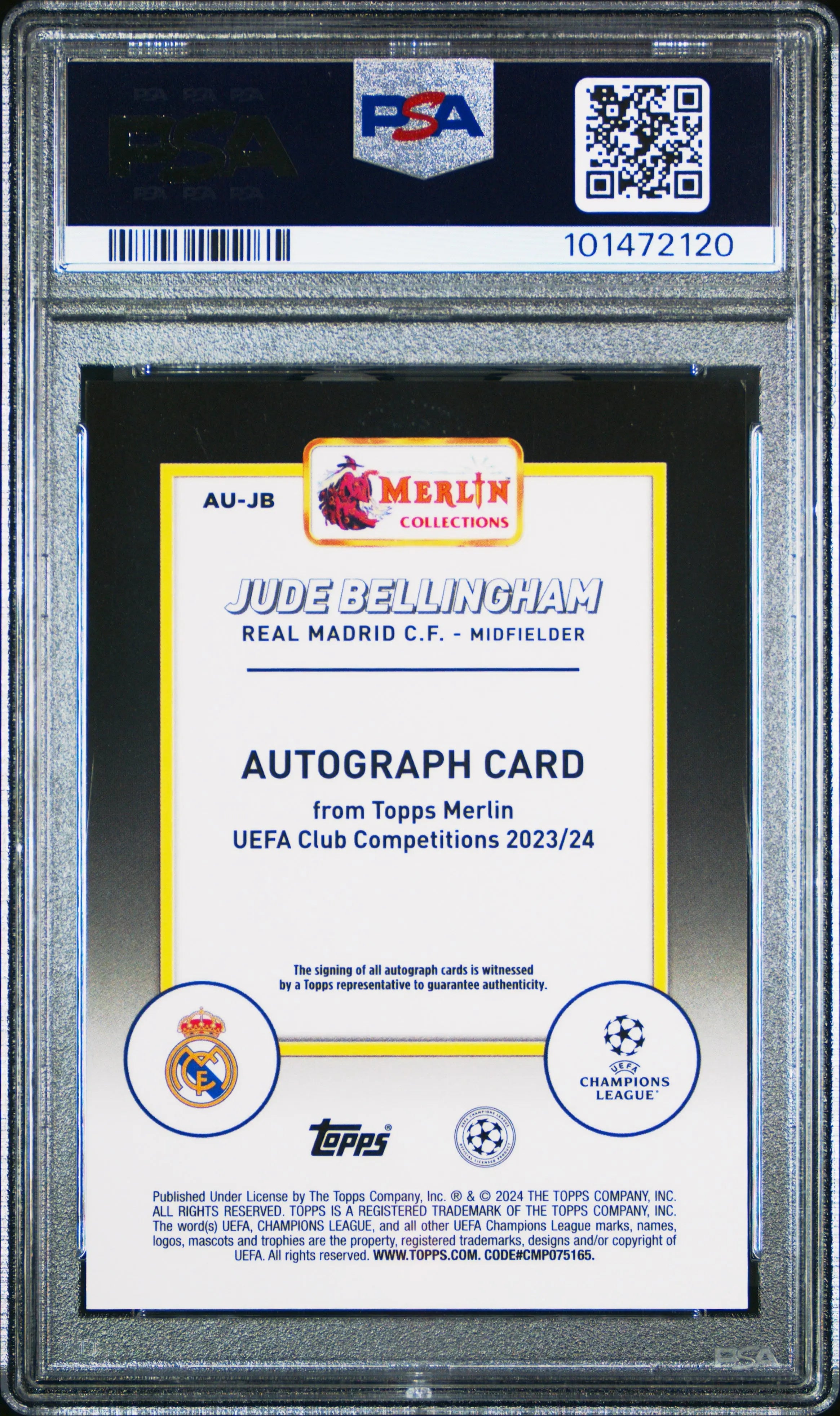 2023-24 Topps Merlin UCC Auto Autograph Jude Bellingham Blue Refractor /75 PSA 9 