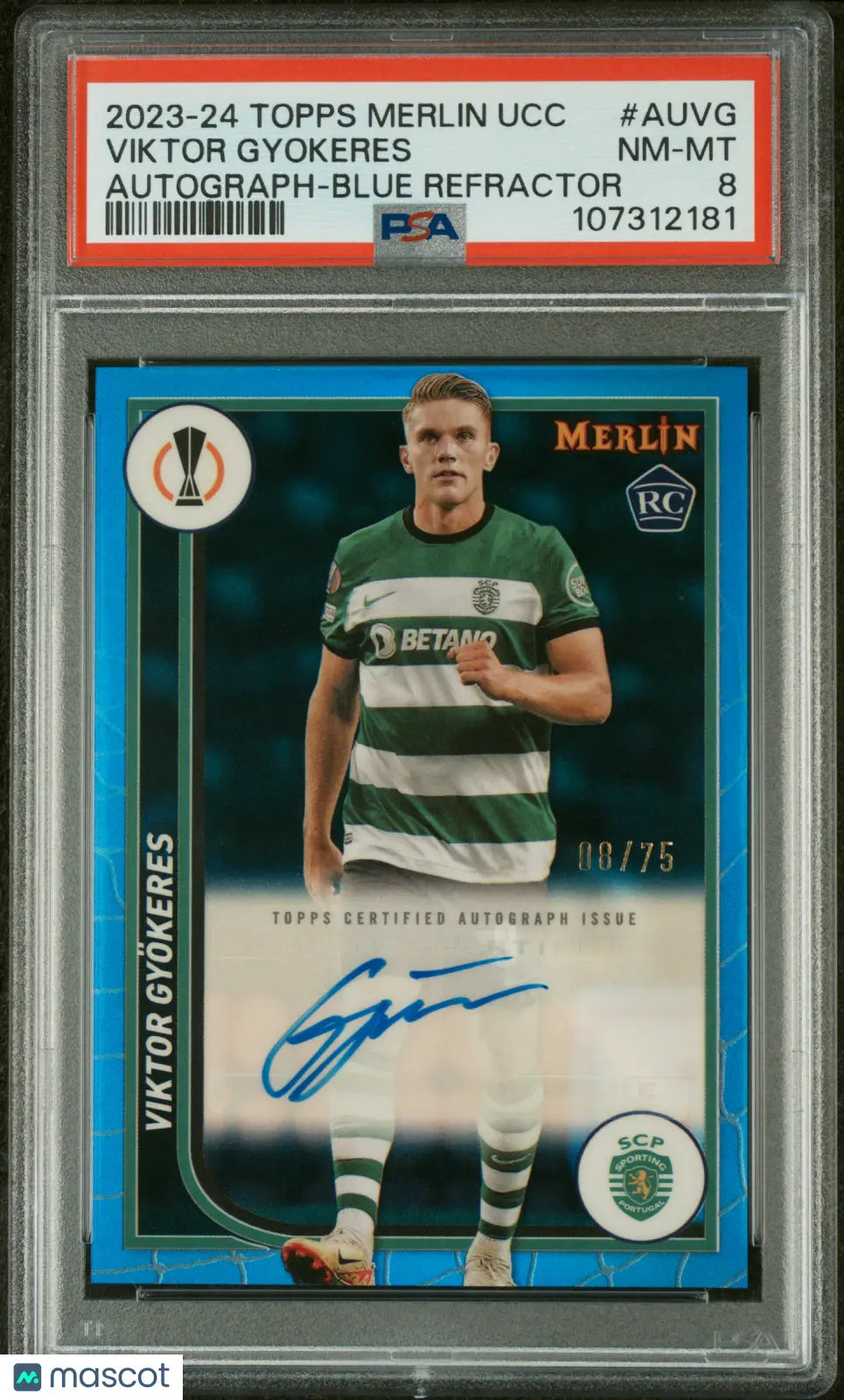 2023-24 Topps Merlin UCC Auto Viktor Gyokeres RC Rookie Blue Refractor /75 PSA 8 