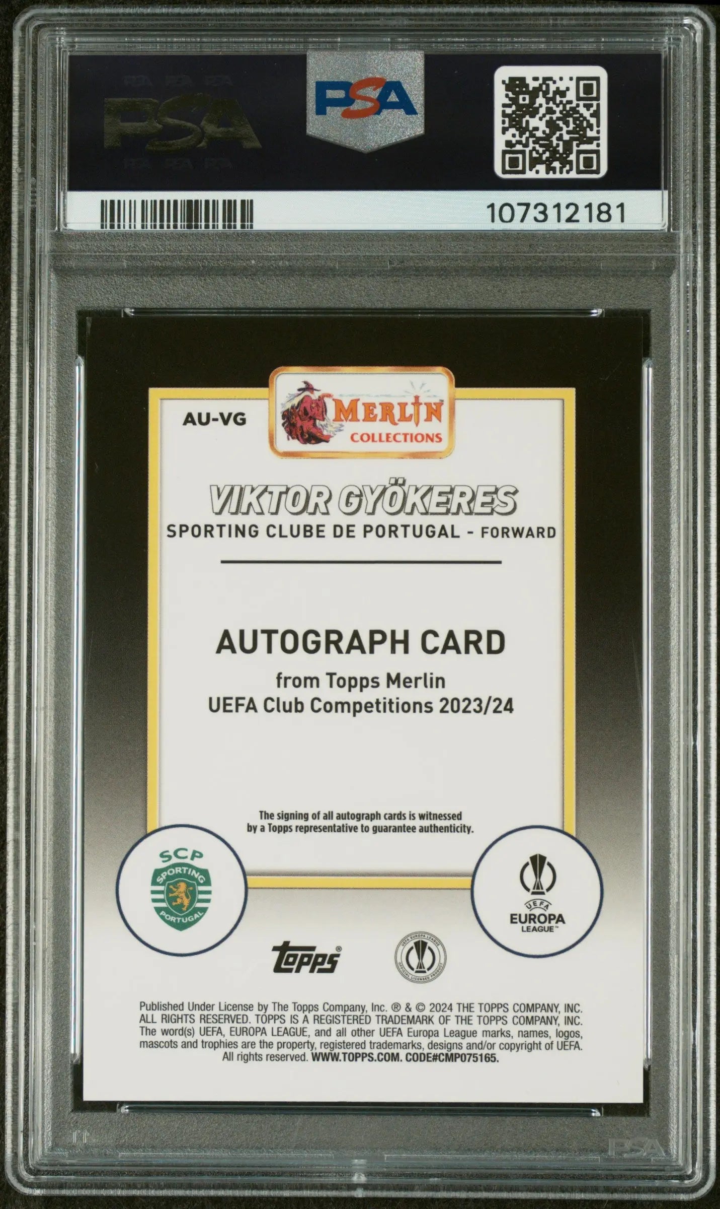 2023-24 Topps Merlin UCC Auto Viktor Gyokeres RC Rookie Blue Refractor /75 PSA 8 