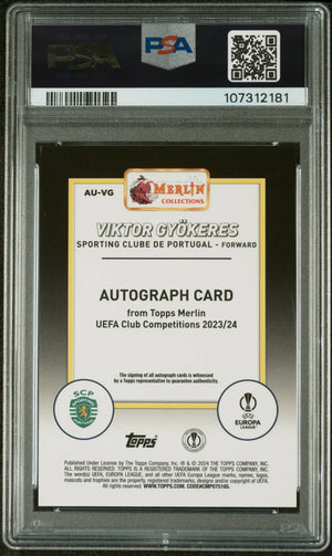 2023-24 Topps Merlin UCC Auto Viktor Gyokeres RC Rookie Blue Refractor /75 PSA 8 