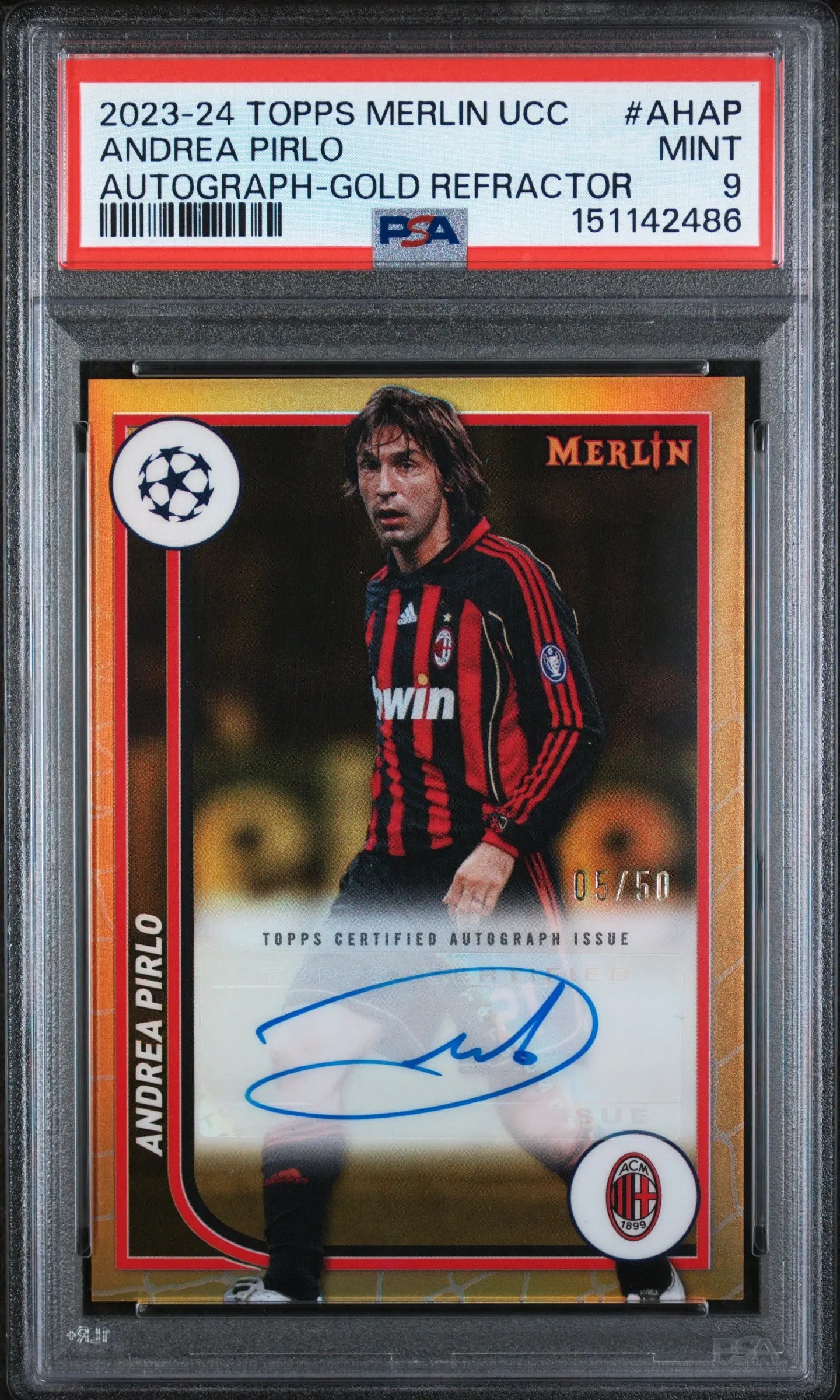 2023-24 Topps Merlin UCC Autographs Andrea Pirlo Auto Gold Refractor /50 PSA 9 