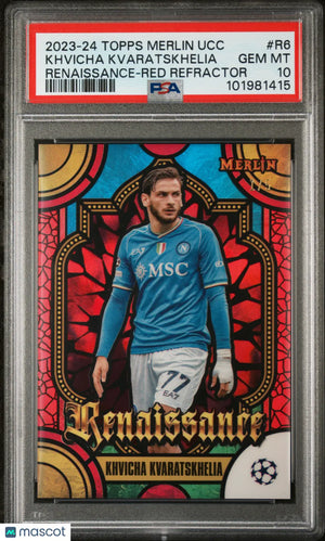 2023-24 Topps Merlin UCC Renaissance Khvicha Kvaratskhelia Red Refractor PSA 10 