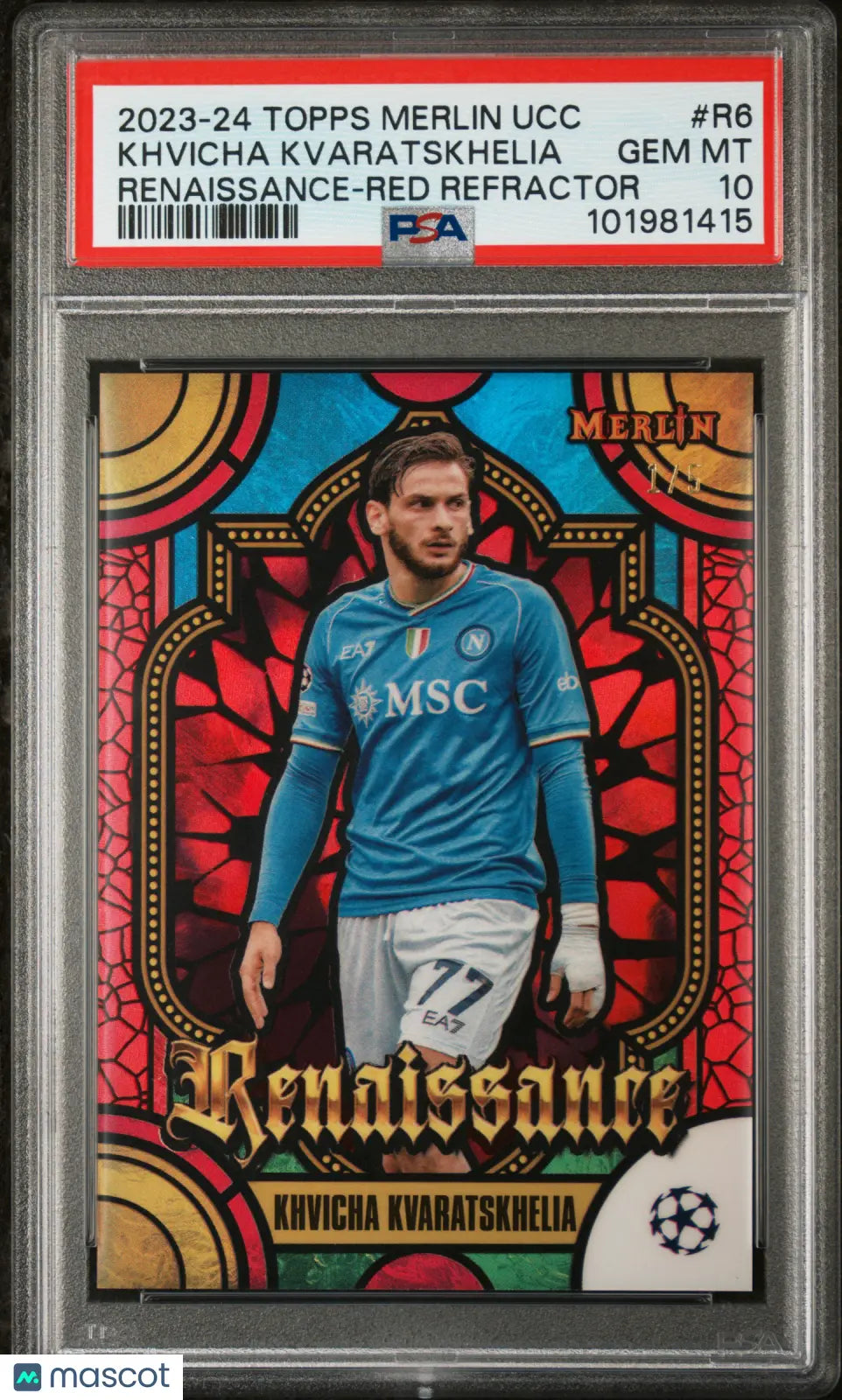 2023-24 Topps Merlin UCC Renaissance Khvicha Kvaratskhelia Red Refractor PSA 10 