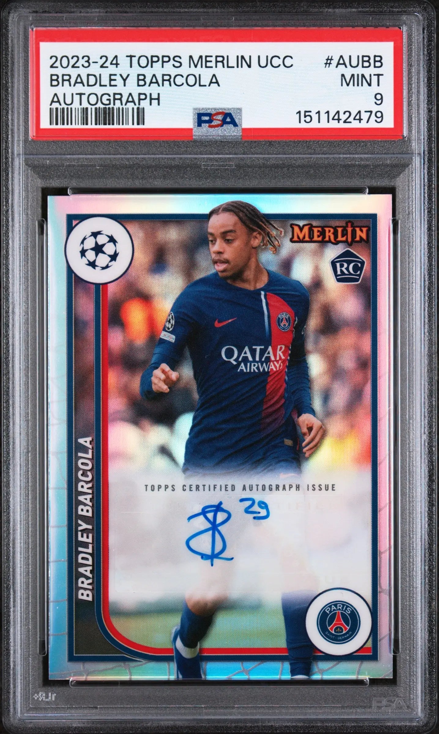 2023-24 Topps Merlin UEFA Club Competitions Autograph Bradley Barcola Auto PSA 9 