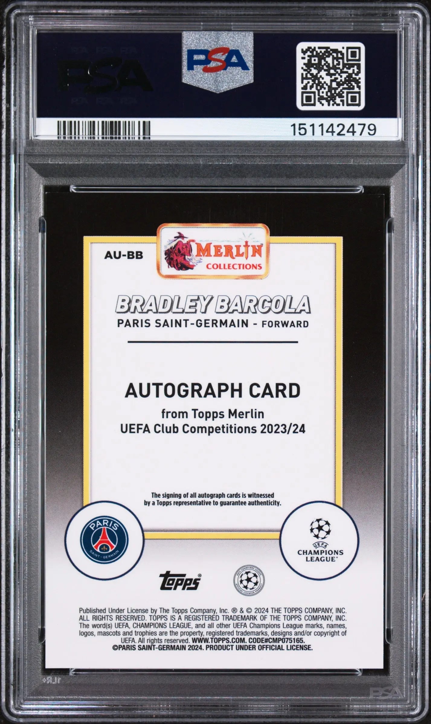 2023-24 Topps Merlin UEFA Club Competitions Autograph Bradley Barcola Auto PSA 9 