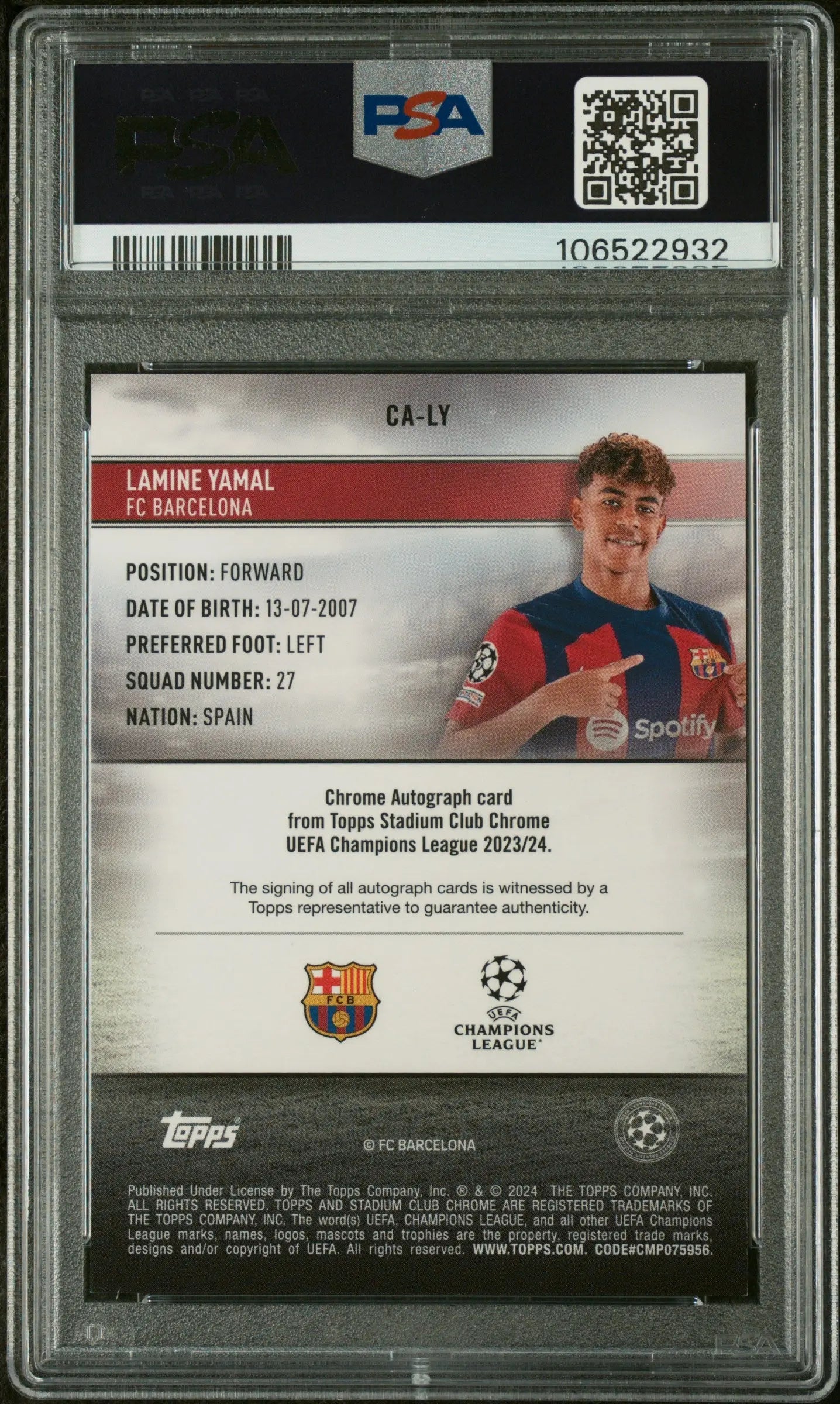2023-24 Topps Stadium Club Chrome UCC Autographs Lamine Yamal  RC Rookie PSA 9 
