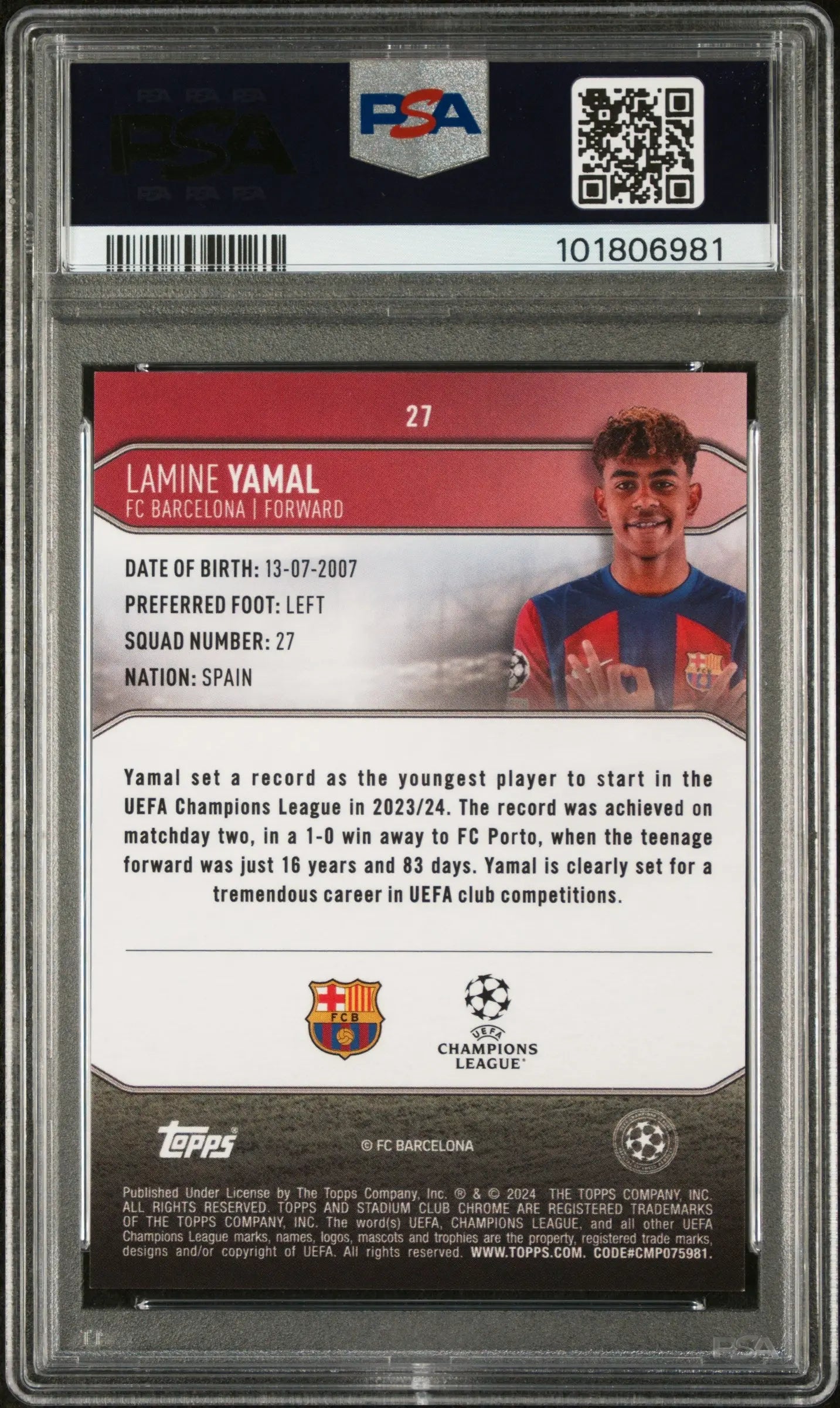 2023-24 Topps Stadium Club Chrome UCC Rookie Lamine Yamal Members Only RC PSA 10 