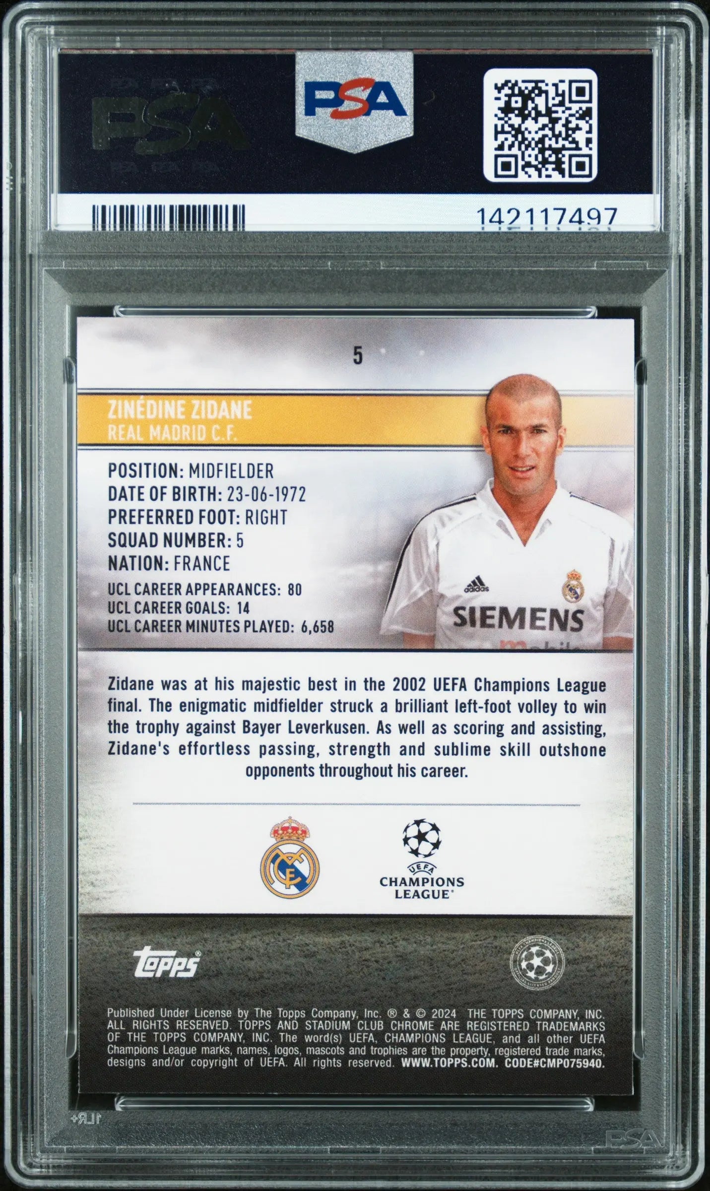 2023-24 Topps Stadium Club Chrome UCC Zinedine Zidane  Gold Refractor PSA 10 /50 