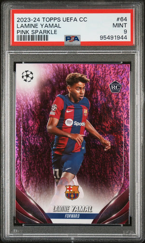 2023-24 Topps UEFA Club Competitions Rookie Lamine Yamal Pink Sparkle RC PSA 9 