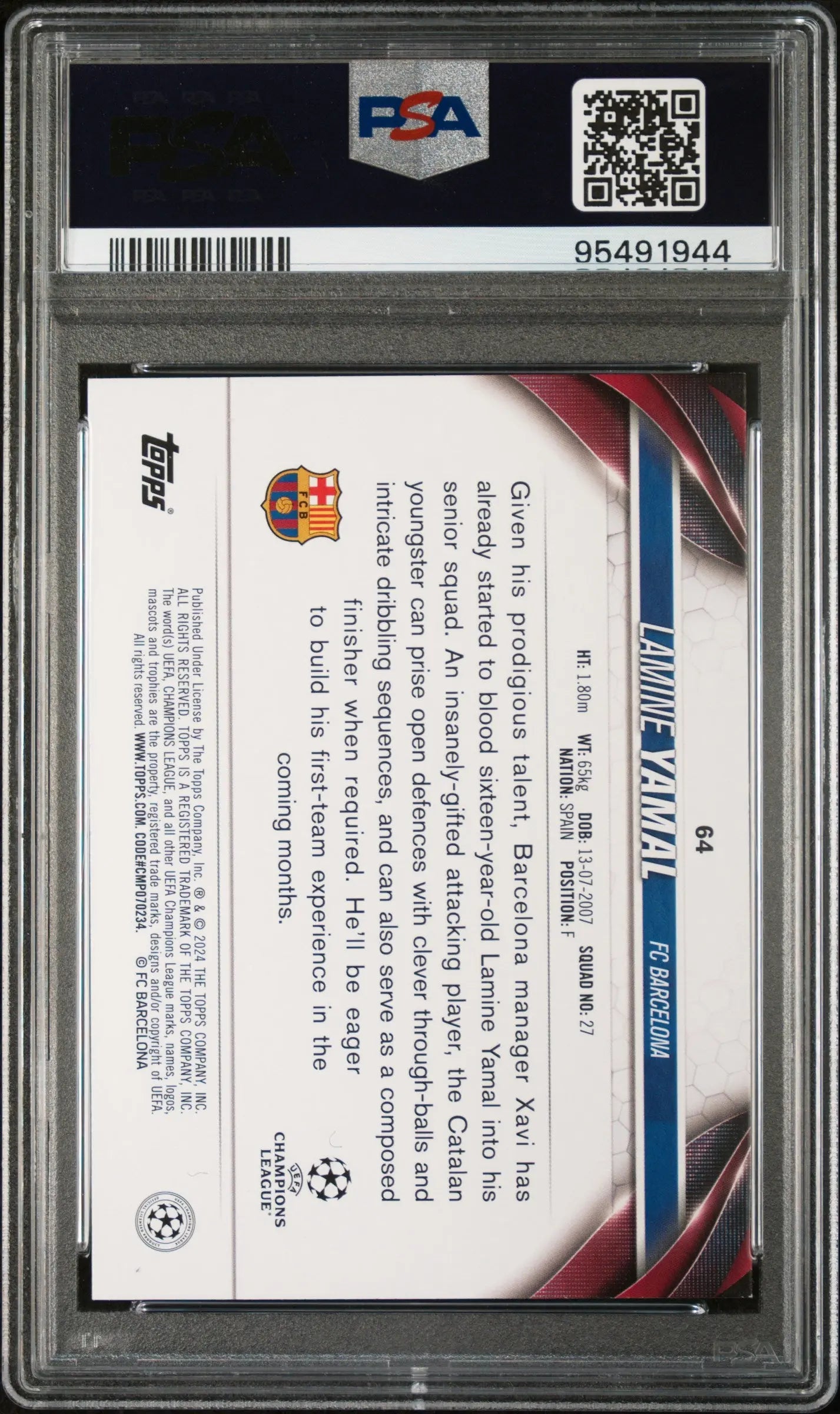 2023-24 Topps UEFA Club Competitions Rookie Lamine Yamal Pink Sparkle RC PSA 9 