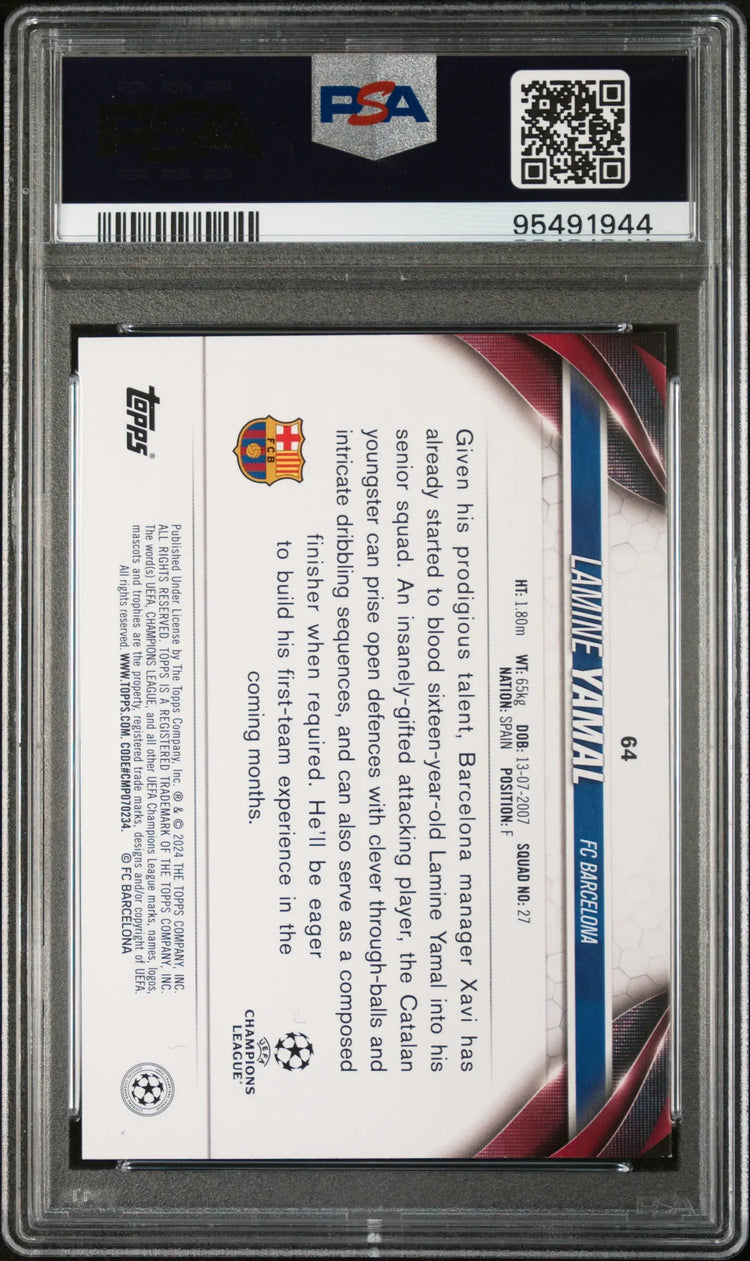 2023-24 Topps UEFA Club Competitions Rookie Lamine Yamal Pink Sparkle RC PSA 9 