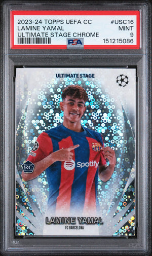 2023-24 Topps UEFA Club Competitions Ultimate Stage Rookie Lamine Yamal RC PSA 9 