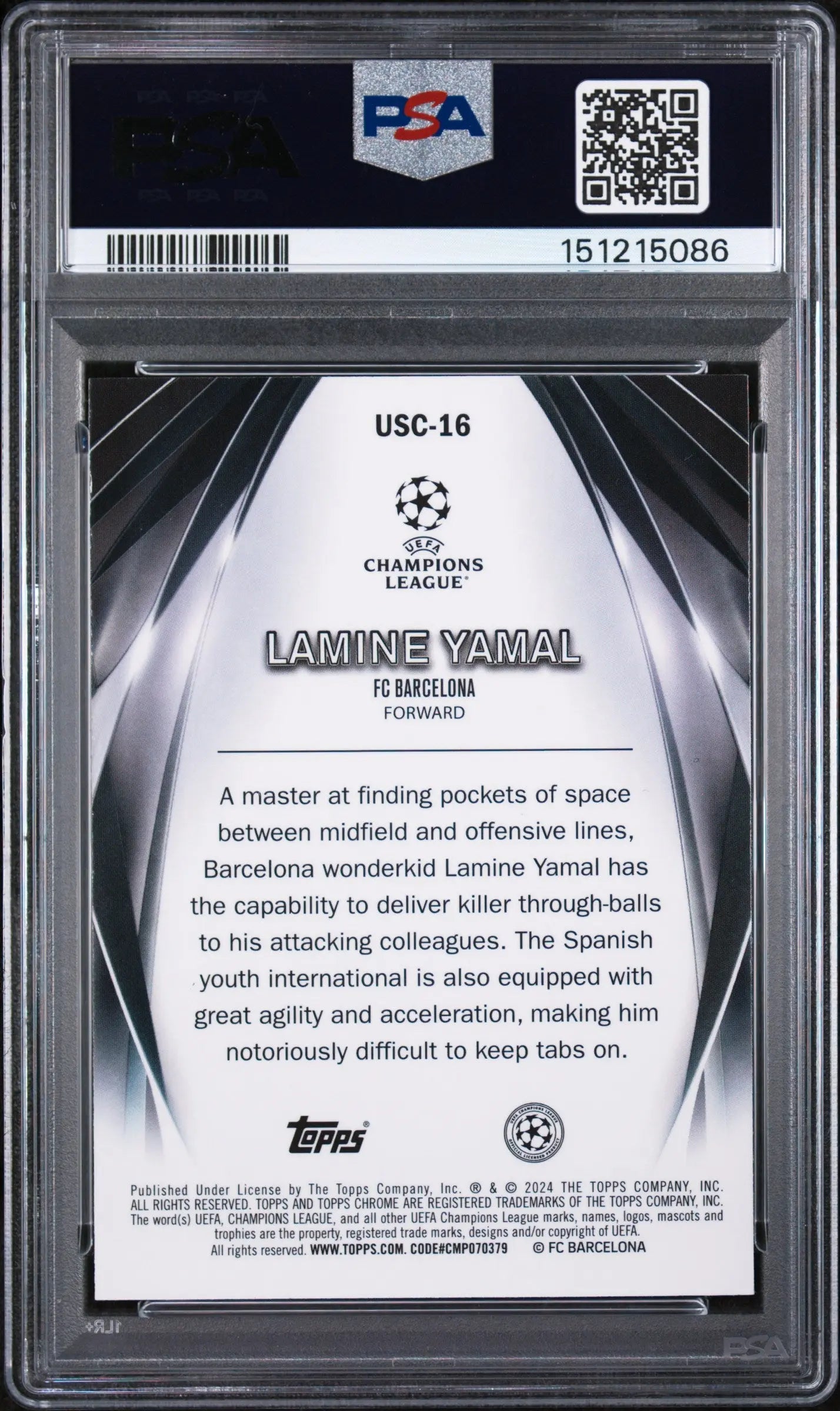 2023-24 Topps UEFA Club Competitions Ultimate Stage Rookie Lamine Yamal RC PSA 9 