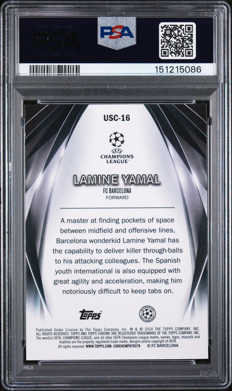 2023-24 Topps UEFA Club Competitions Ultimate Stage Rookie Lamine Yamal RC PSA 9 