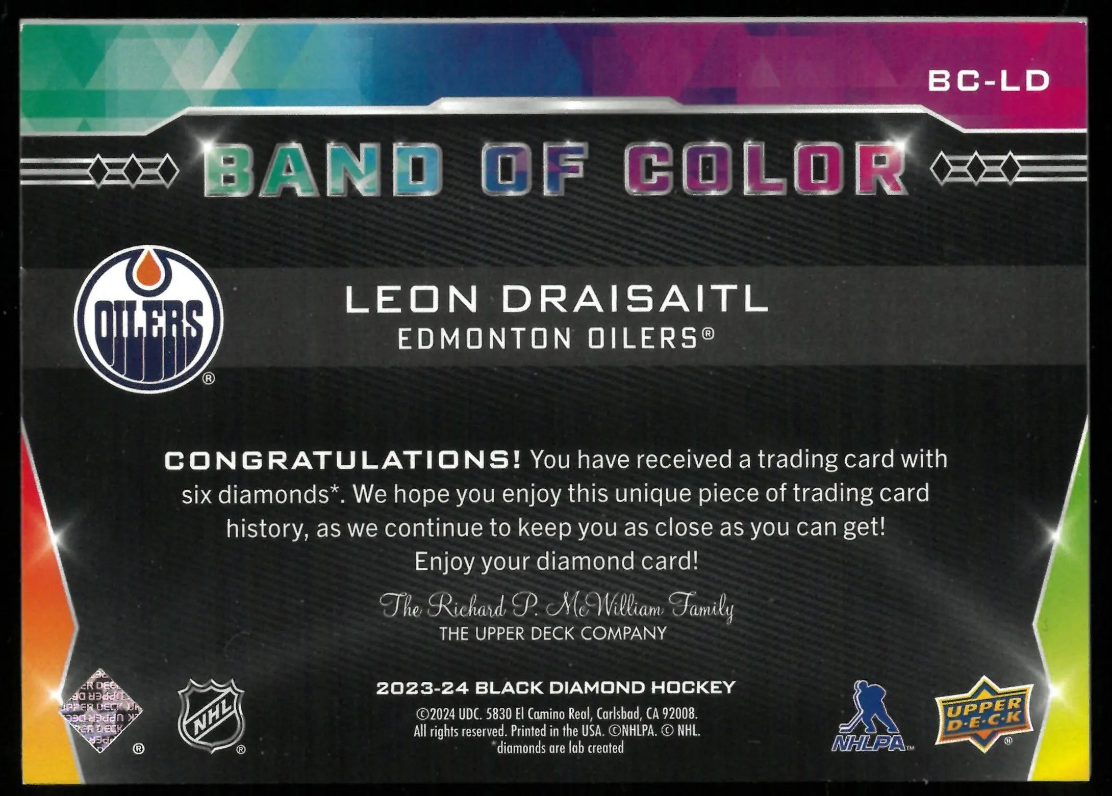 2023-24 UD Black Diamond Hockey Leon Draisaitl Band Of Color 1/1 