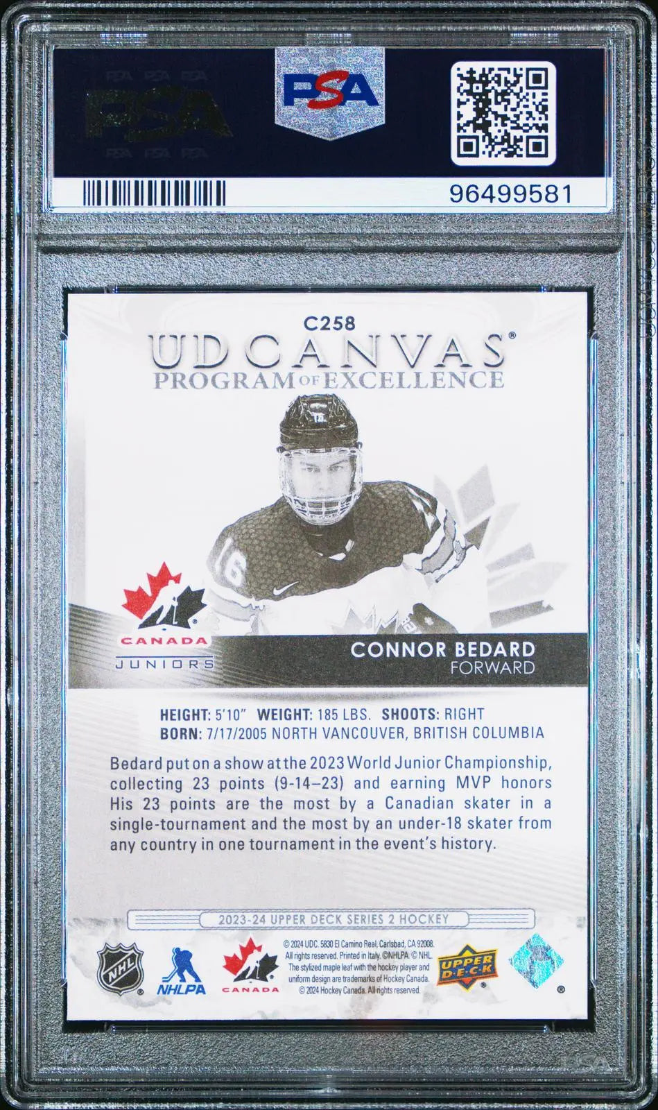 2023-24 UD Canvas B&W Series 2 Program of Excellence Connor Bedard PSA 10 