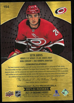 2023-24 UD Engrained Seth Jarvis RC '21-22 Mahogany Patch Auto /35 