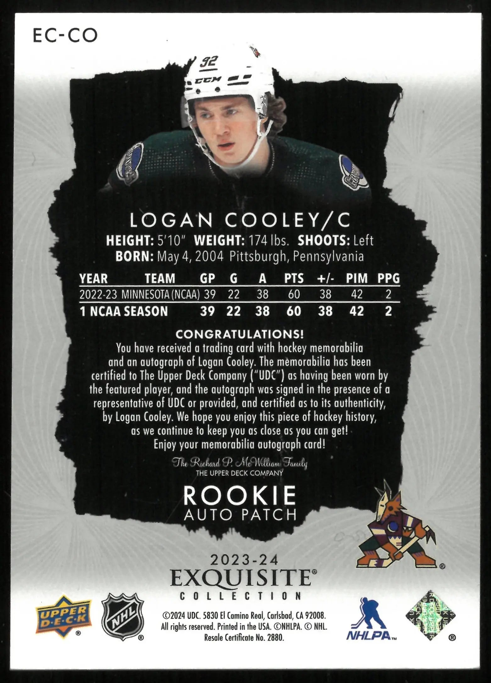 2023-24 UD Exquisite Collection Logan Cooley RC Rookie Patch Auto /92 