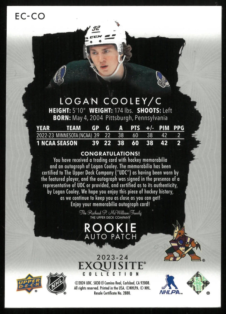 2023-24 UD Exquisite Collection Logan Cooley RC Rookie Patch Auto /92 