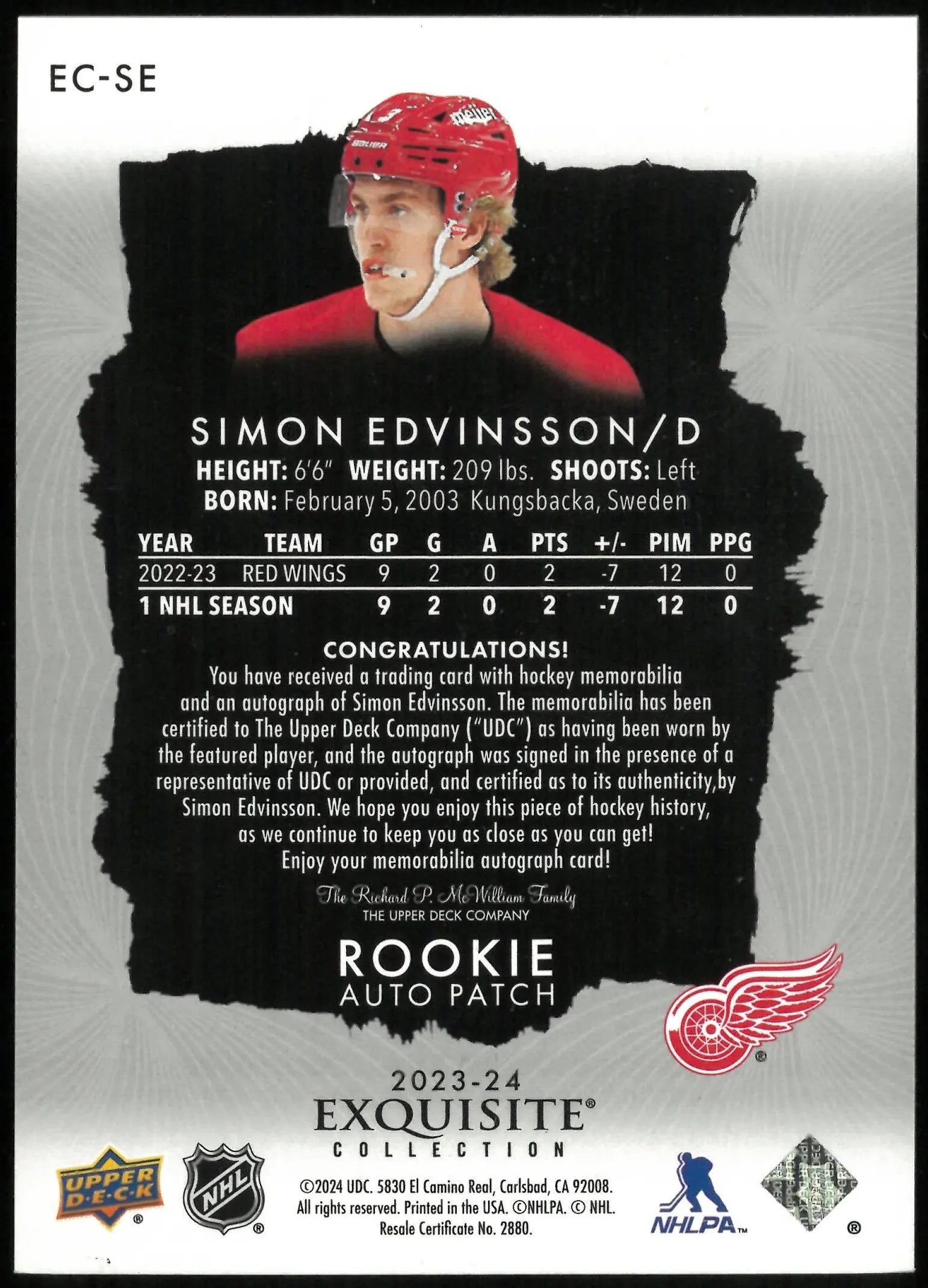2023-24 UD Exquisite Collection Simon Edvinsson RC Rookie Patch Auto /77 