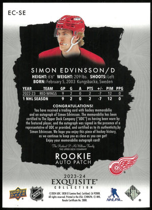2023-24 UD Exquisite Collection Simon Edvinsson RC Rookie Patch Auto /77 