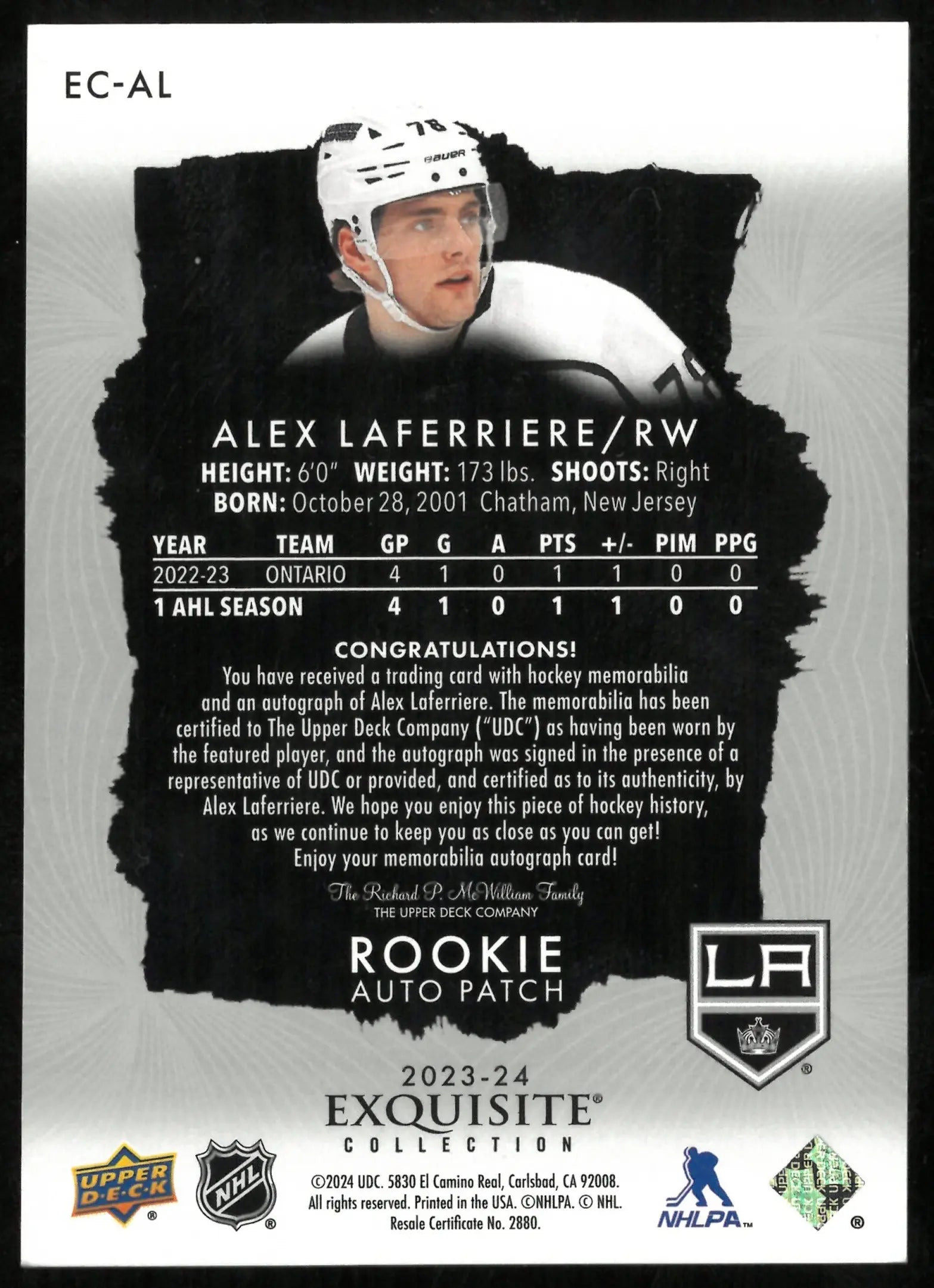 2023-24 UD Exquisite Hockey Alex Laferriere RC Patch Auto /78 