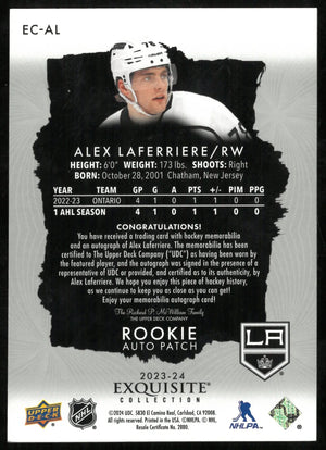 2023-24 UD Exquisite Hockey Alex Laferriere RC Patch Auto /78 