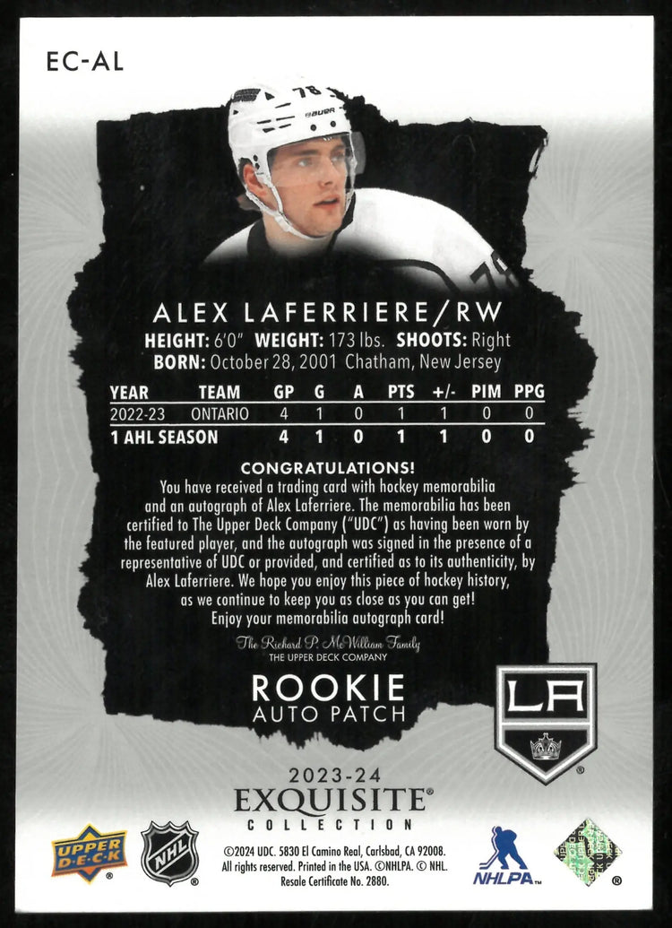 2023-24 UD Exquisite Hockey Alex Laferriere RC Patch Auto /78 