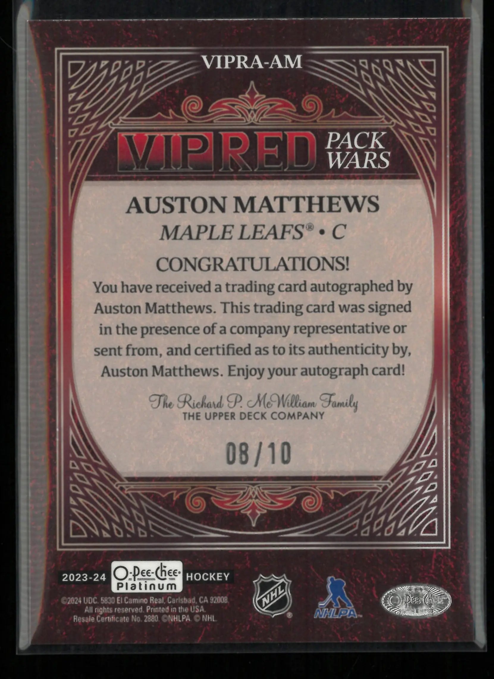 2023-24 UD O-Pee-Chee VIP Red Pack Wars Autograph Auston Matthews Auto /10 
