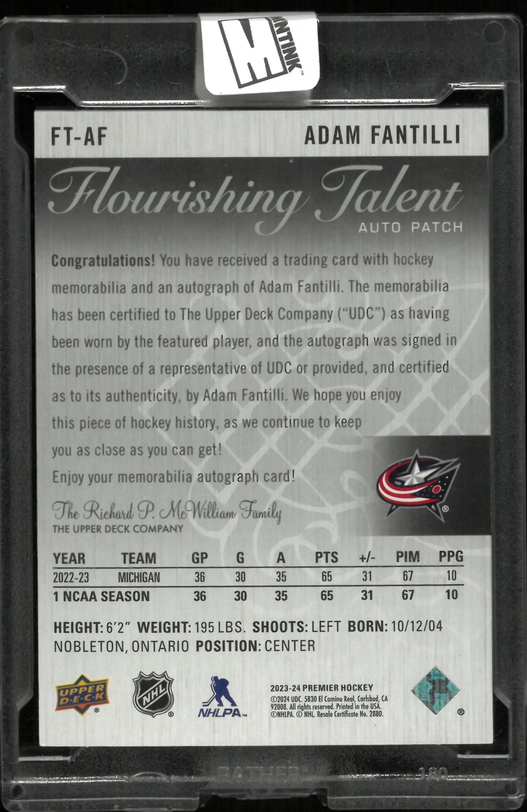 2023-24 UD Premier Adam Fantilli RC Rookie Patch Auto Flourishing Talent Auto /25 