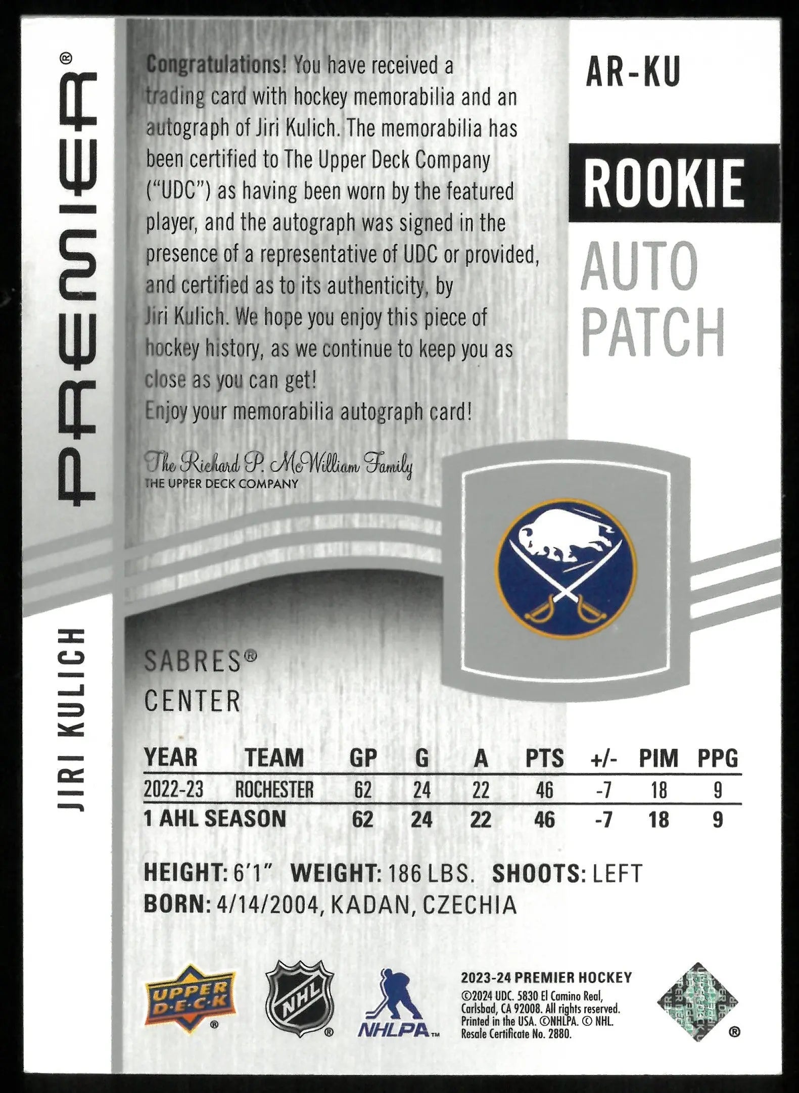 2023-24 UD Premier Hockey Jiri Kulich RC Rookie Patch Auto /249 