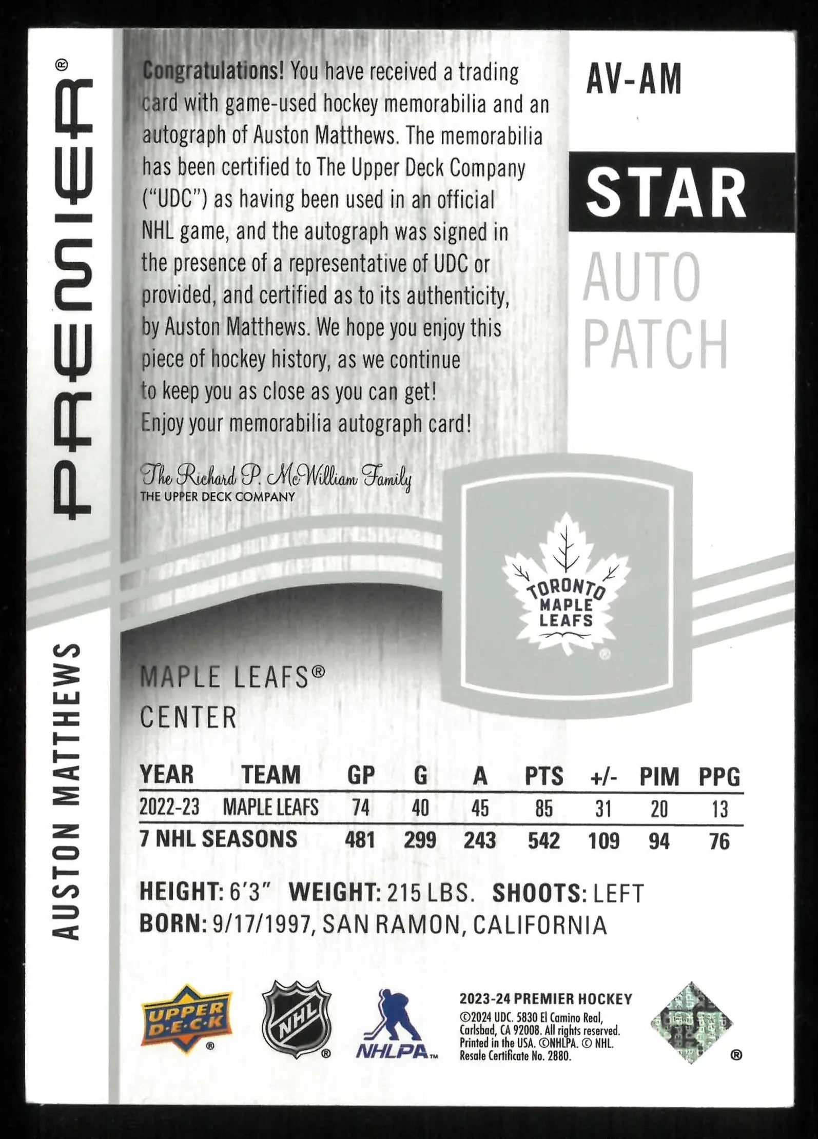 2023-24 UD Premier Hockey Star Auto Patch Auston Matthew Autograph /15 