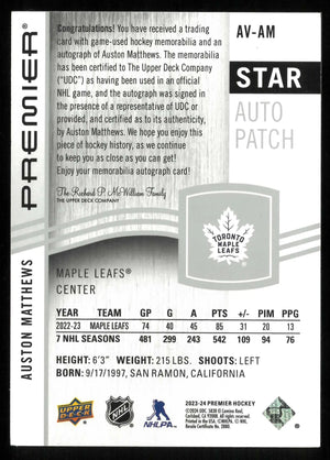 2023-24 UD Premier Hockey Star Auto Patch Auston Matthew Autograph /15 