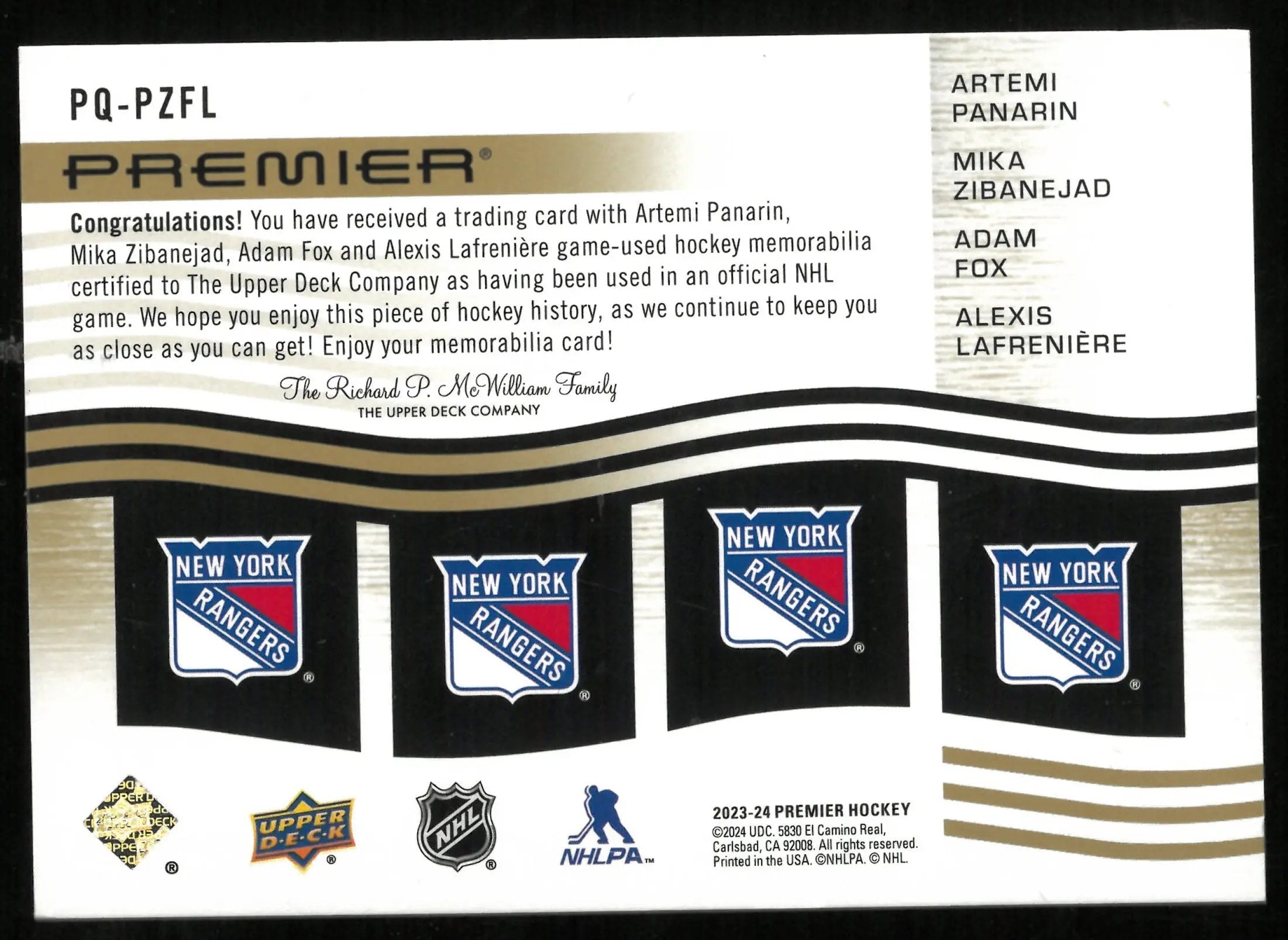 2023-24 UD Premier Panarin Zibanejad Fox Lafreniere Quad Patch /15 