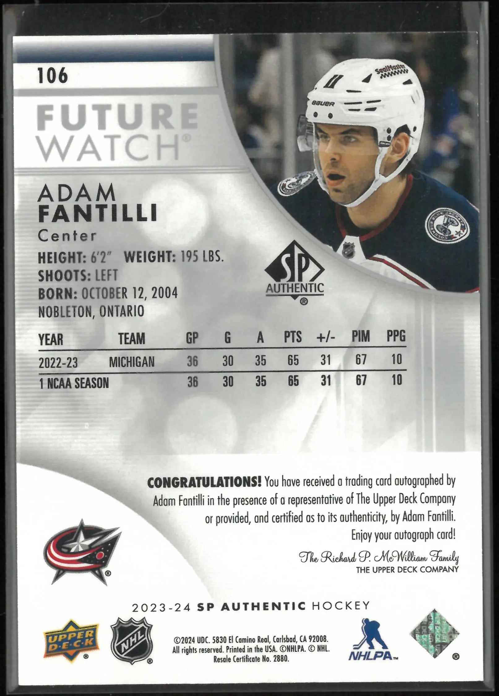 2023-24 UD SP Authentic Future Watch Rookie Autograph Adam Fantilli Auto /999 RC 