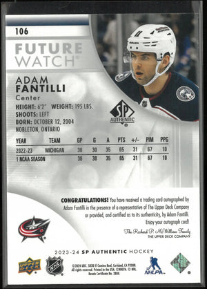 2023-24 UD SP Authentic Future Watch Rookie Autograph Adam Fantilli Auto /999 RC 